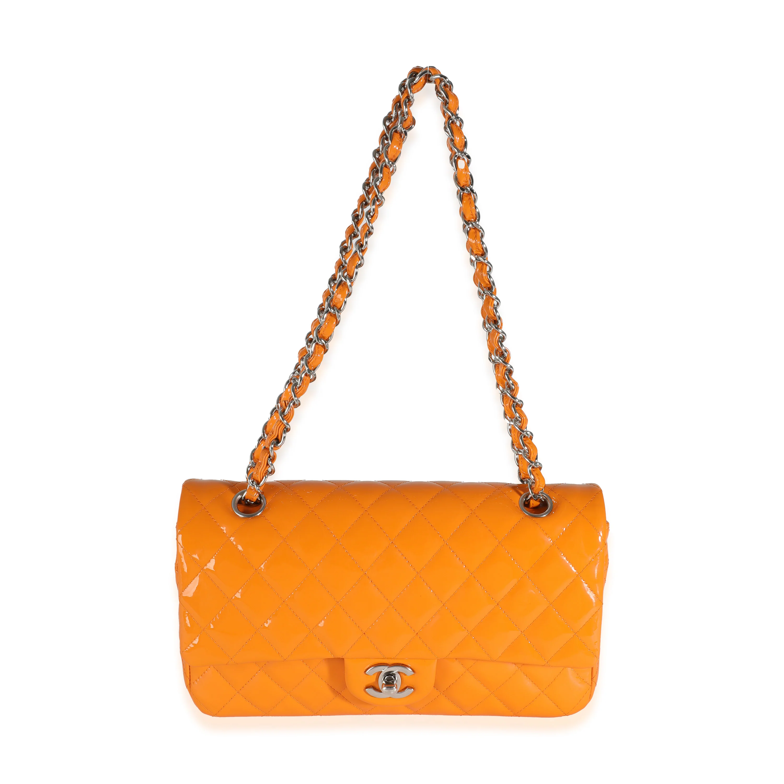 Orange Quilted Patent Medium Classic Double Flap Bag - Image 8