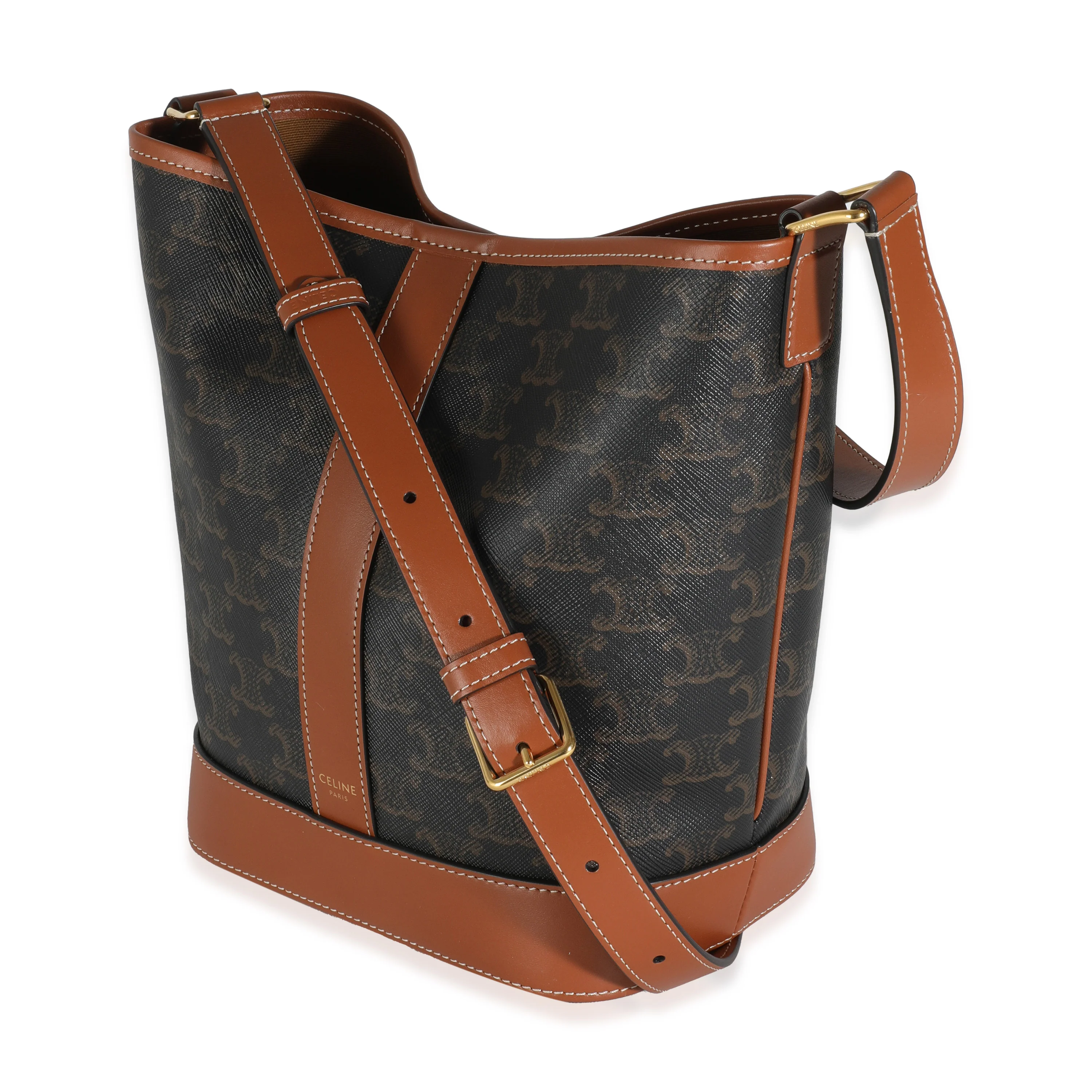 Tan Calfskin Triomphe Canvas Small Bucket Bag - Image 2