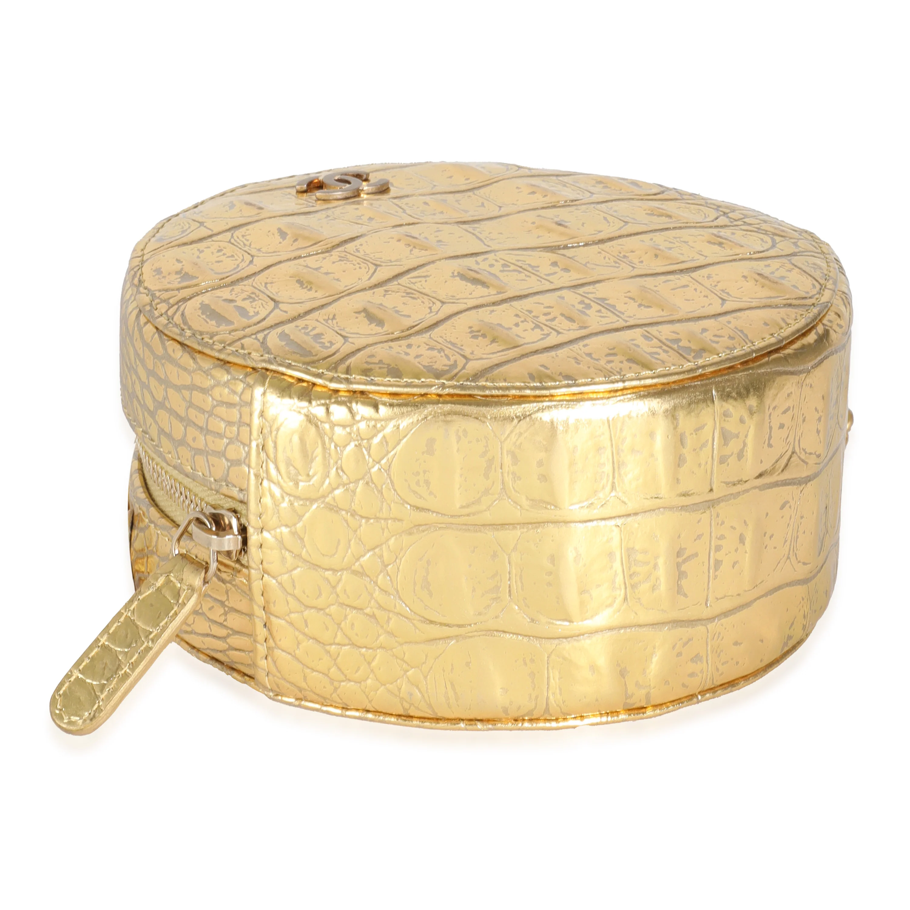 Metallic Gold Croc Embossed Calfskin Round Clutch On Chain - Image 6