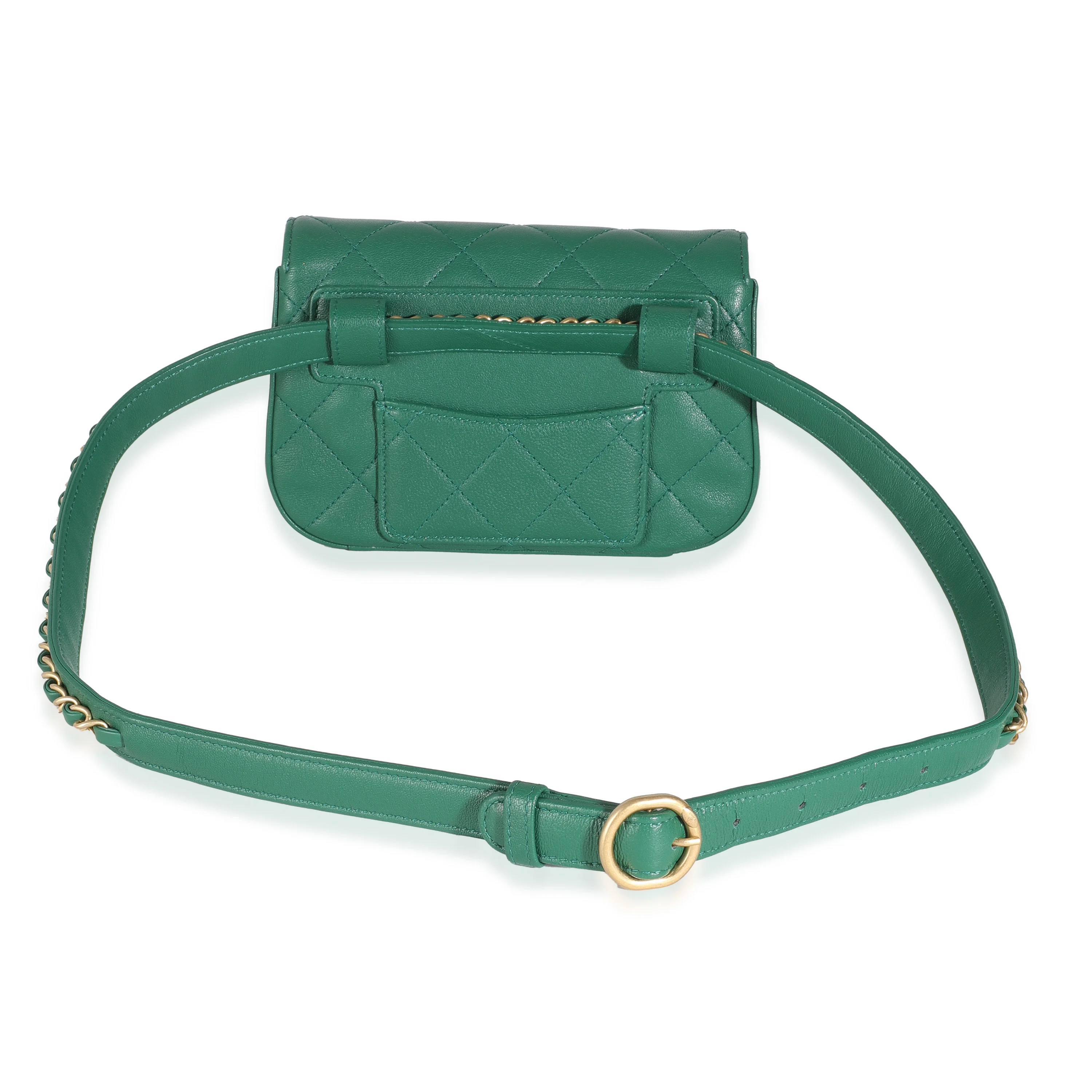 Dark Green Quilted Lambskin Chain Infinity Waist Bag - Image 4