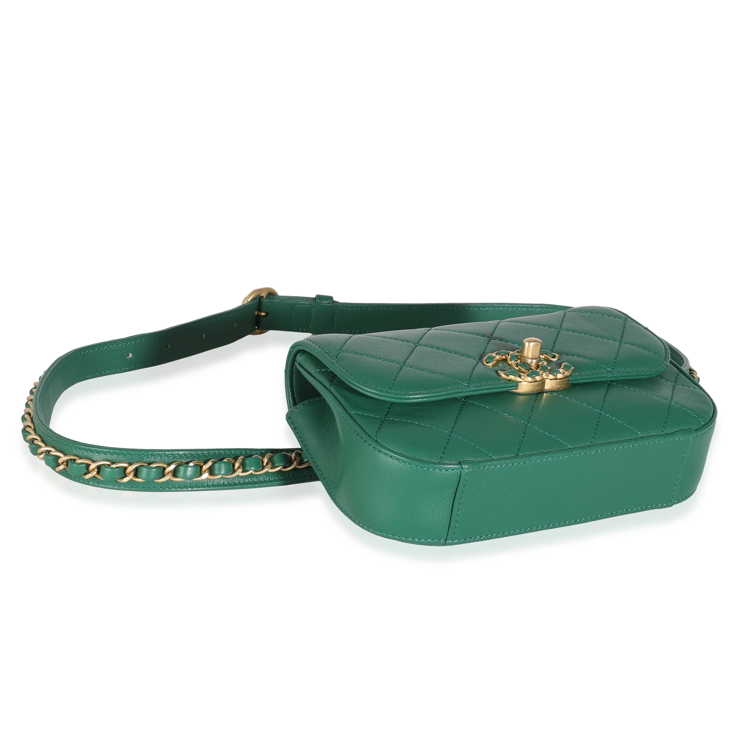 Dark Green Quilted Lambskin Chain Infinity Waist Bag - Image 6