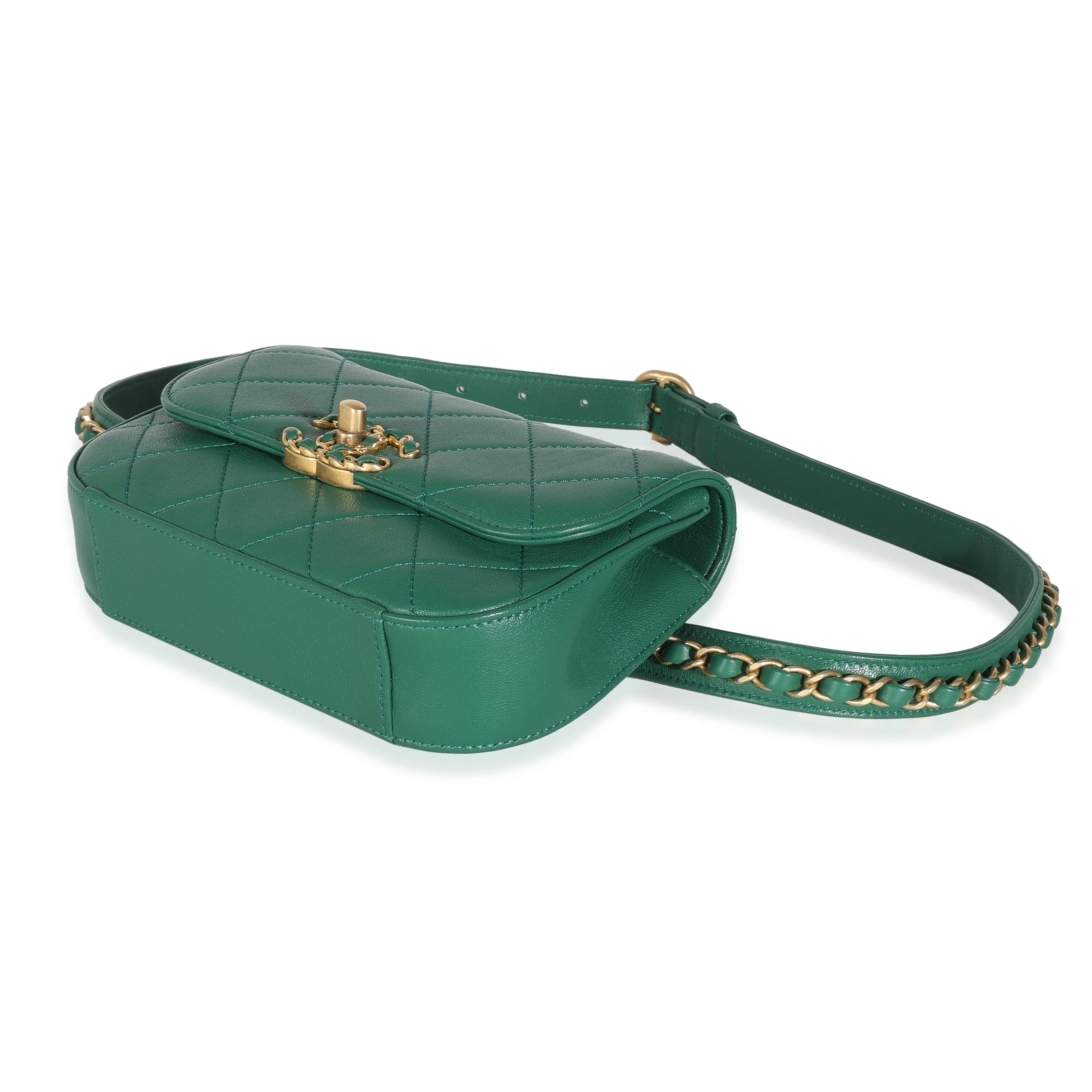 Dark Green Quilted Lambskin Chain Infinity Waist Bag - Image 7