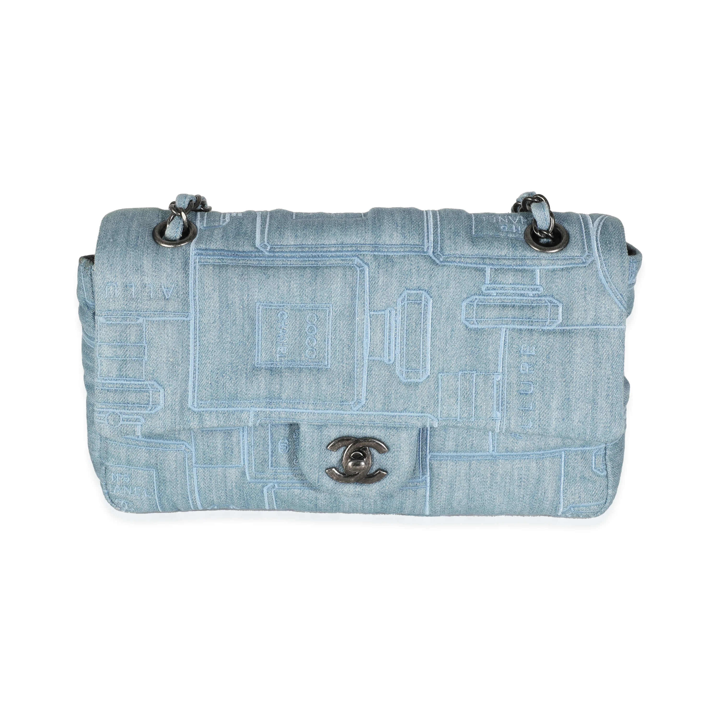 Blue Denim Embroidered Perfume Bottle Medium Single Flap Bag