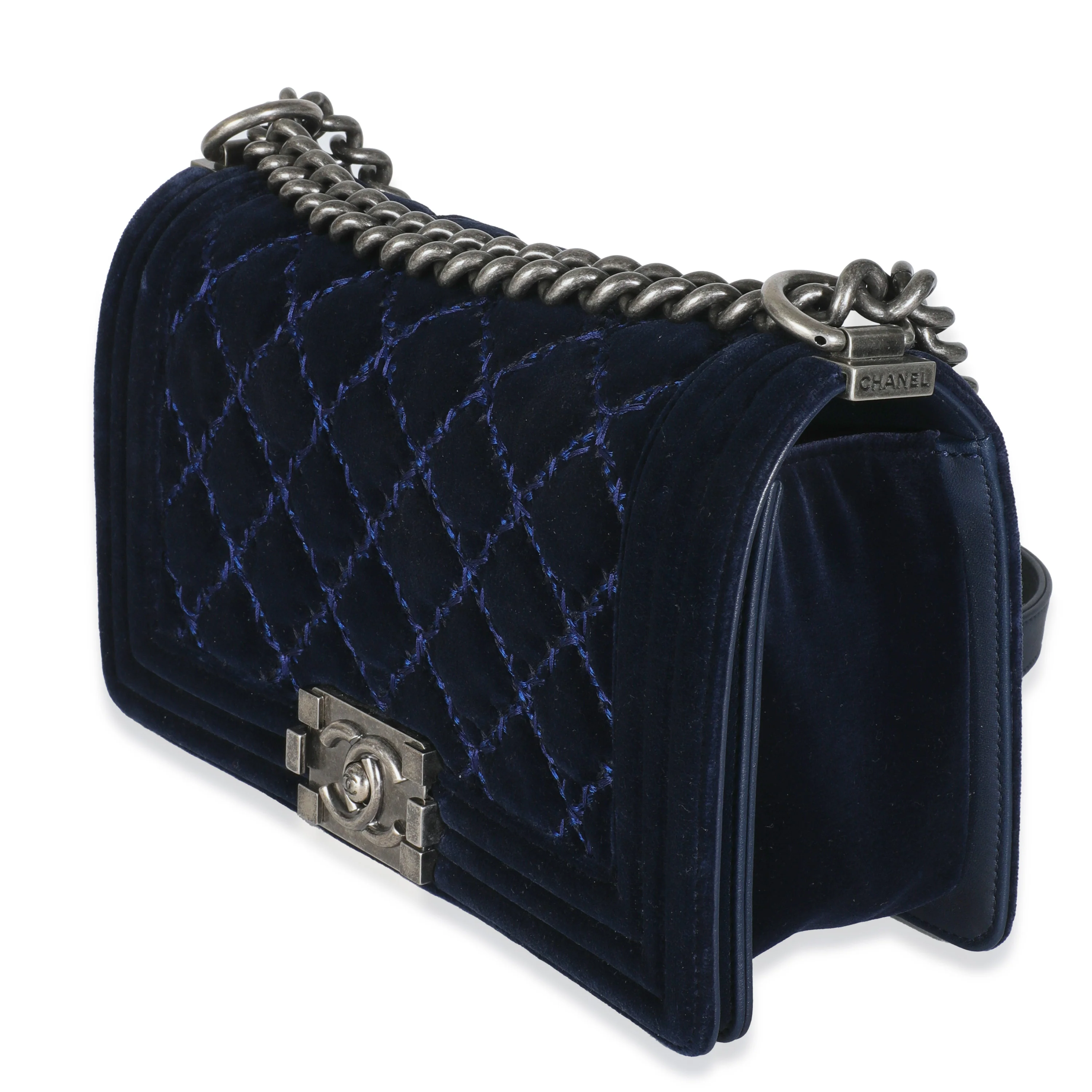 Navy Quilted Velvet Old Medium Boy Bag - Image 2