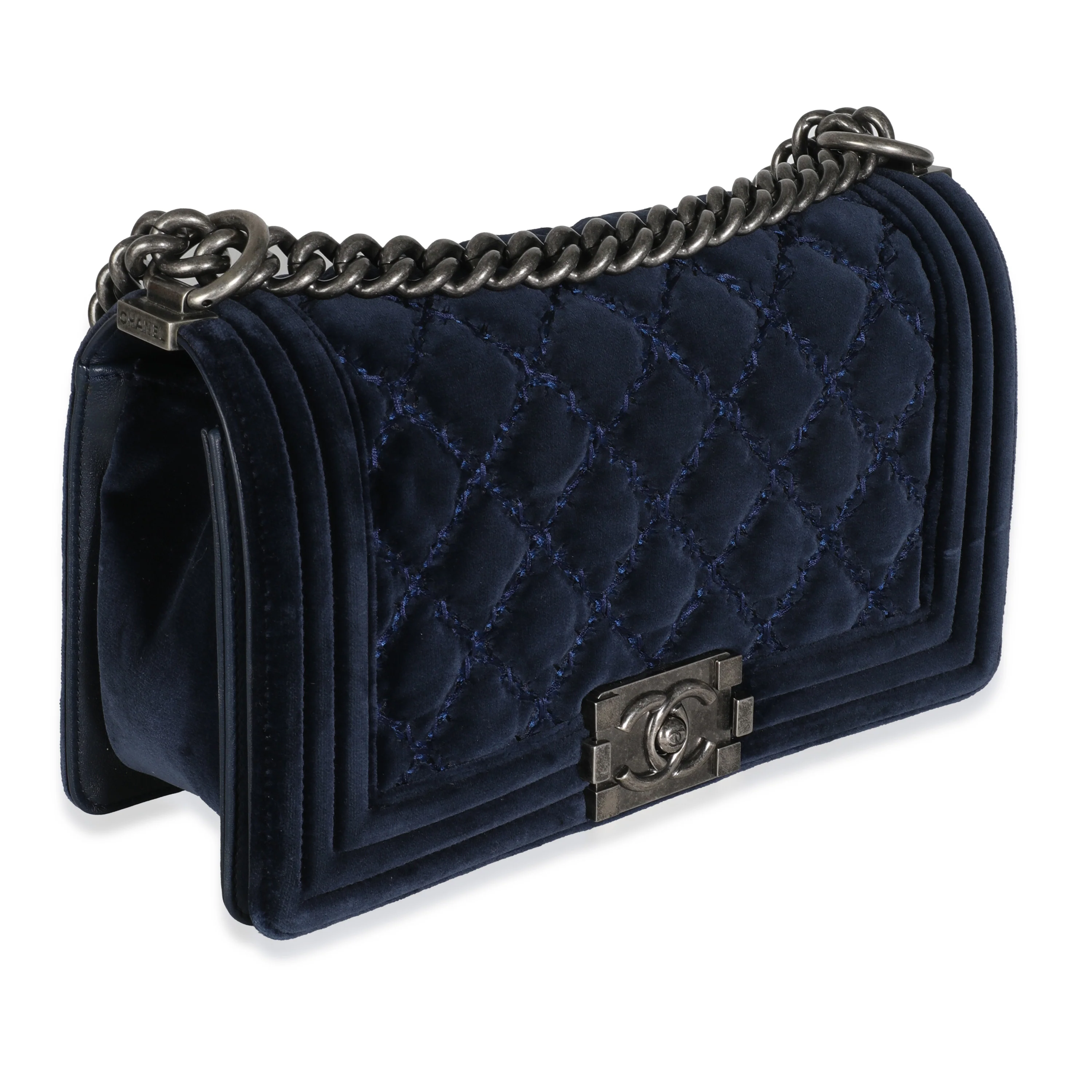 Navy Quilted Velvet Old Medium Boy Bag - Image 3