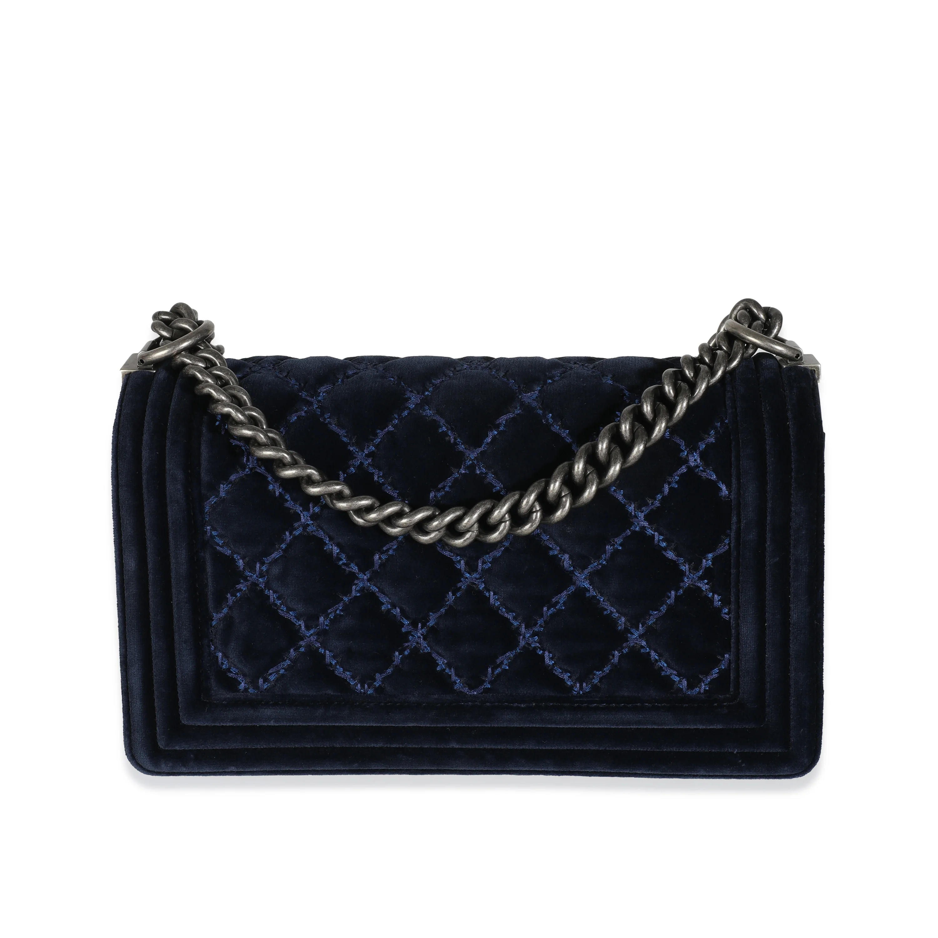 Navy Quilted Velvet Old Medium Boy Bag - Image 4
