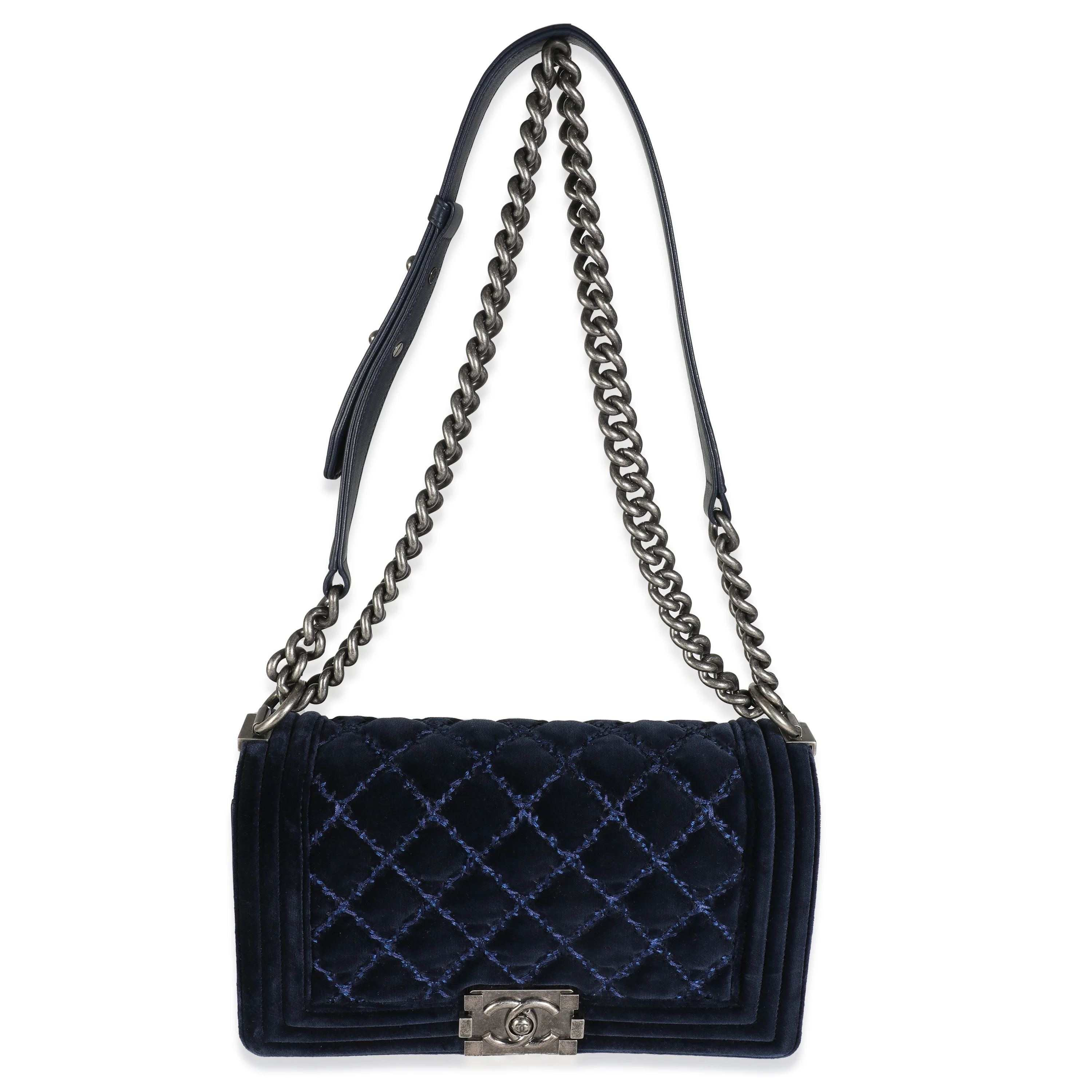 Navy Quilted Velvet Old Medium Boy Bag - Image 8