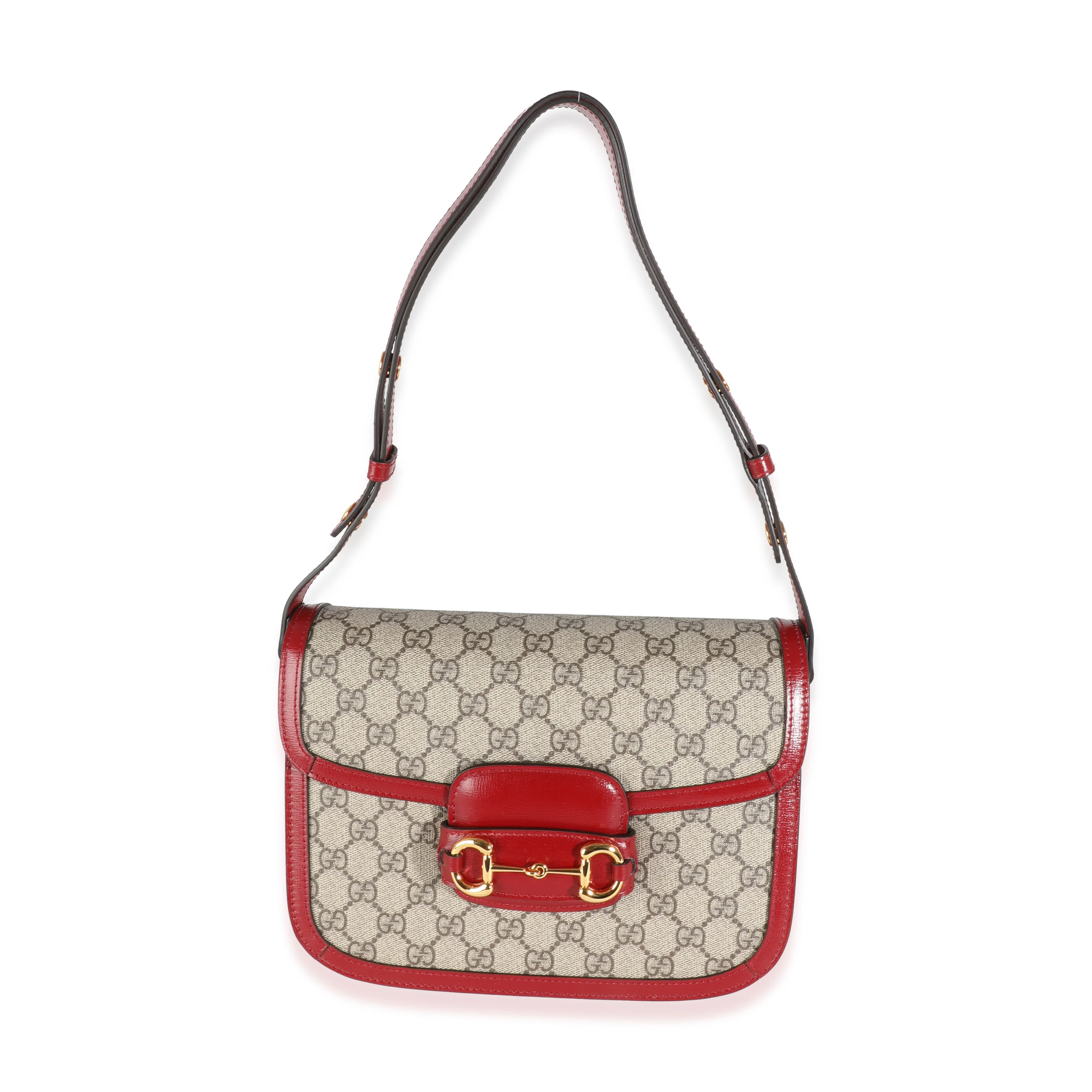 Red Calfskin Beige GG Supreme Canvas Horsebit 1955 Shoulder Bag - Image 8