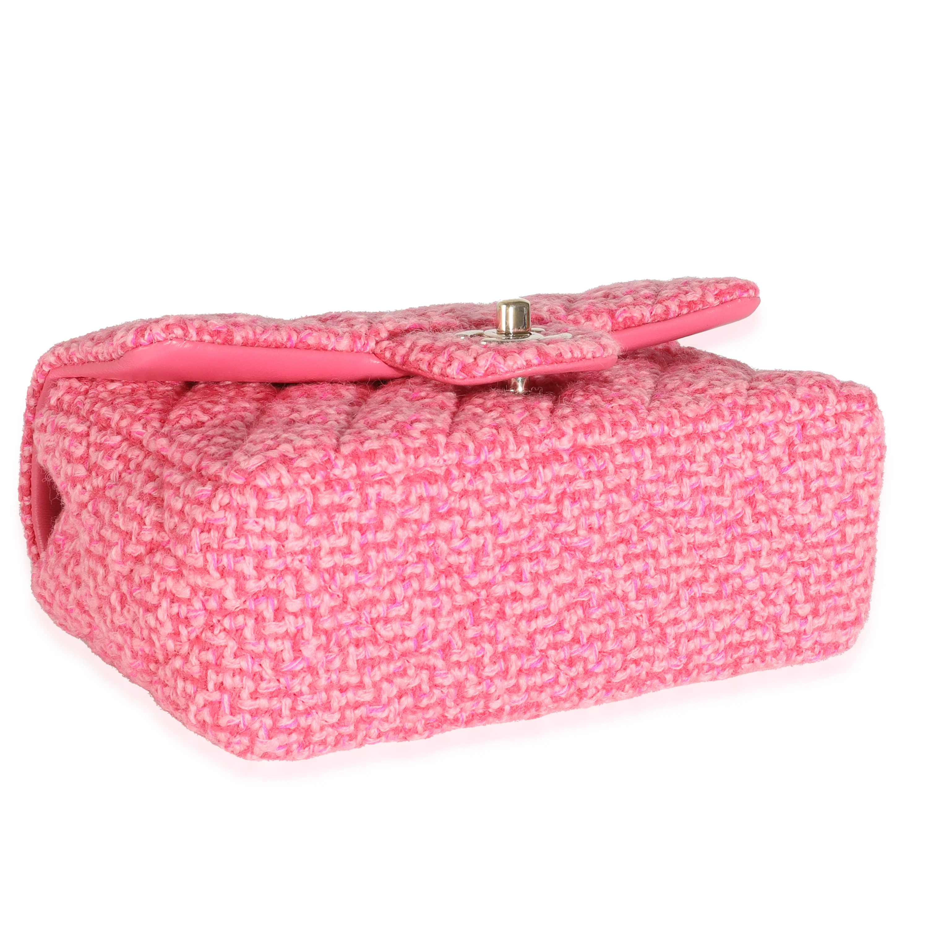 Pink Quilted Wool Tweed Mini Rectangular Flap Bag - Image 7