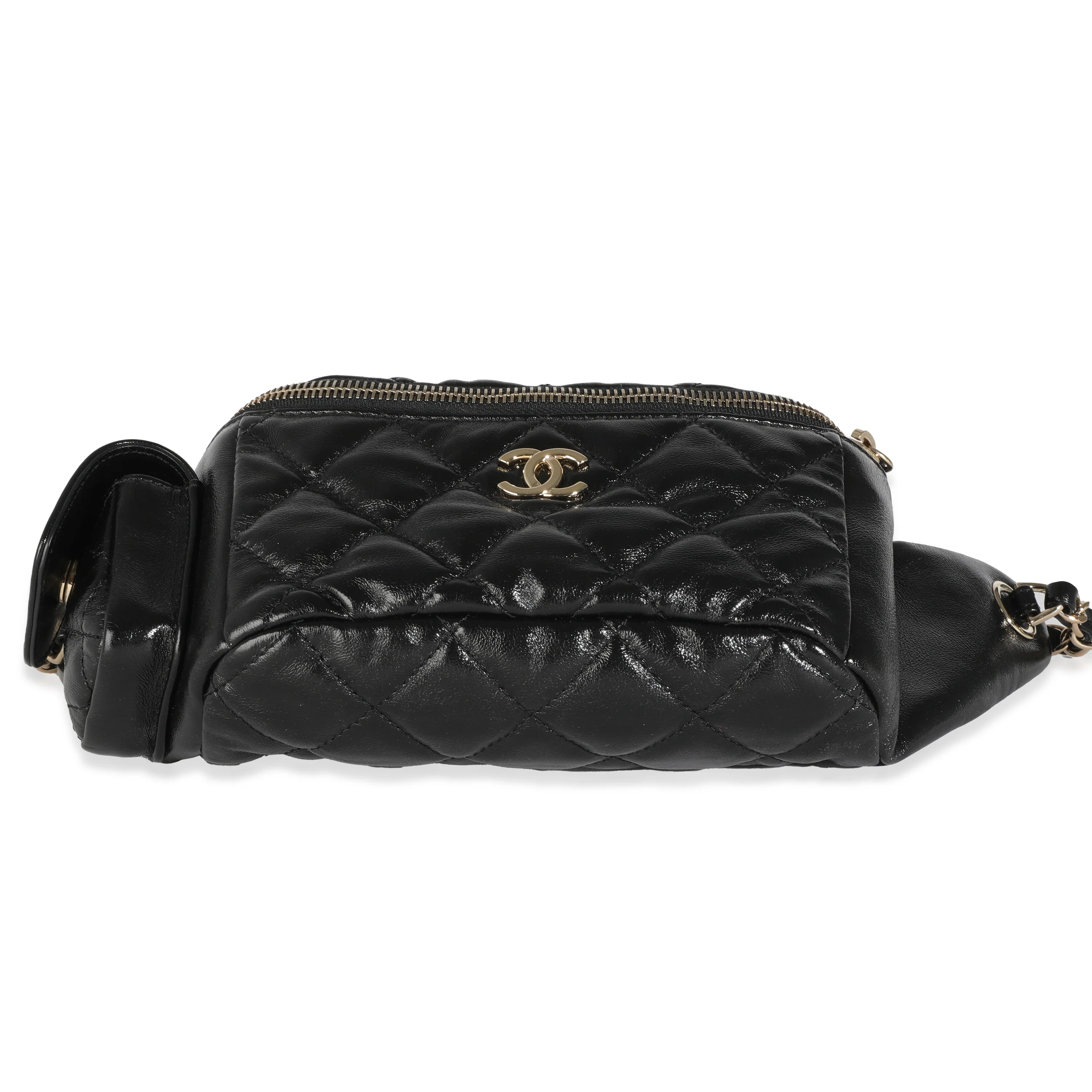Black Shiny Quilted Aged Calfskin Utility Belt Bag - Image 5