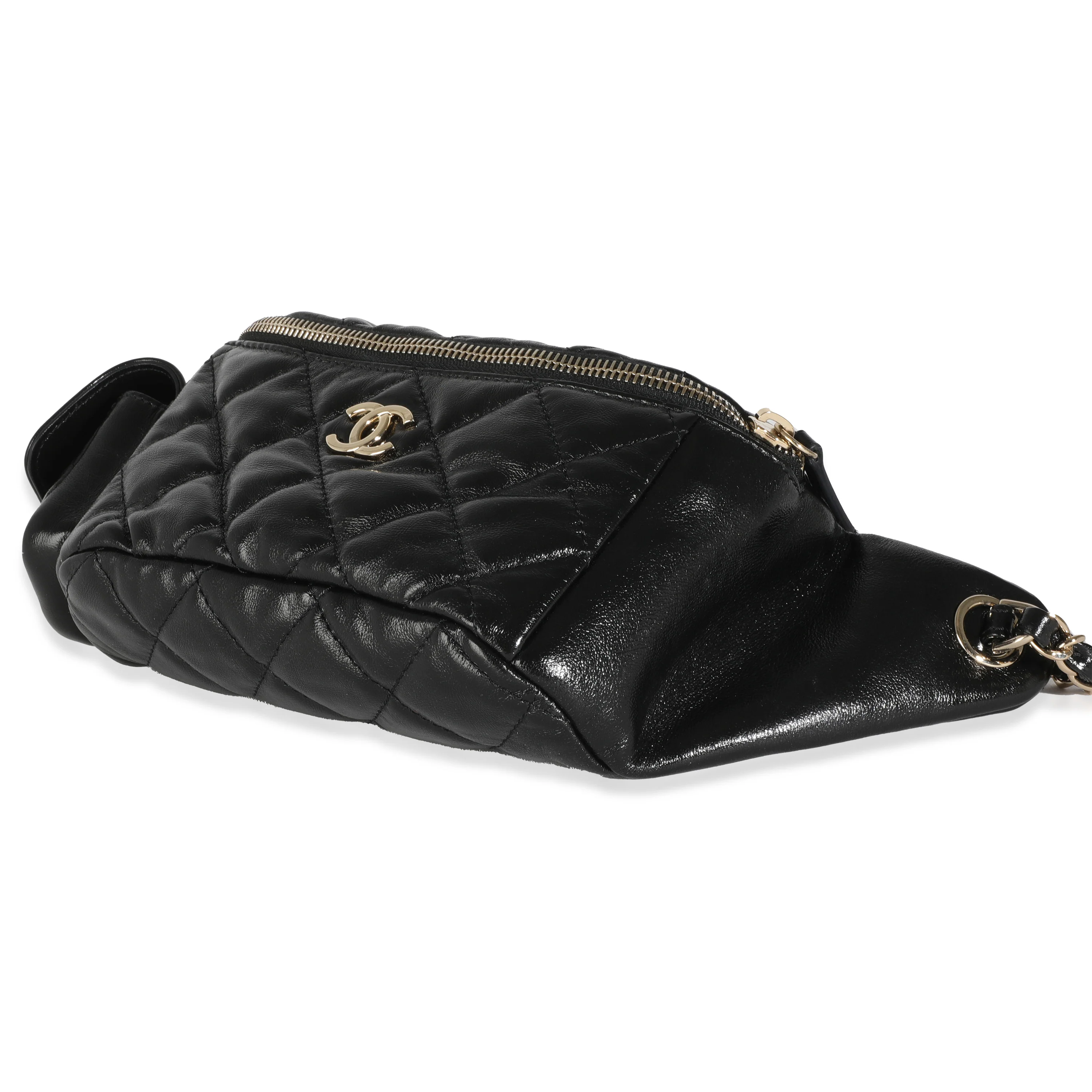 Black Shiny Quilted Aged Calfskin Utility Belt Bag - Image 7
