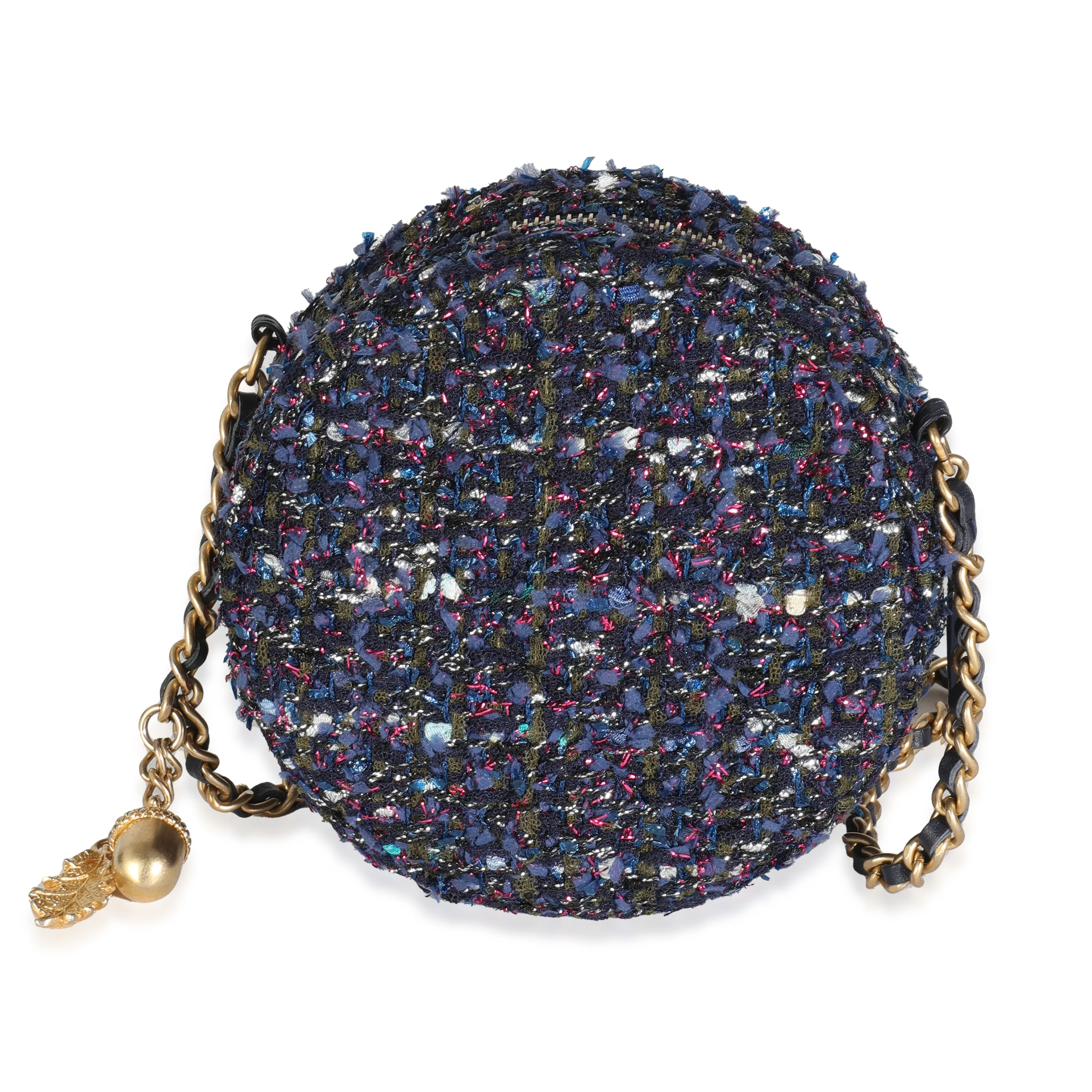 Metallic Purple Tweed Round Clutch With Chain - Image 4