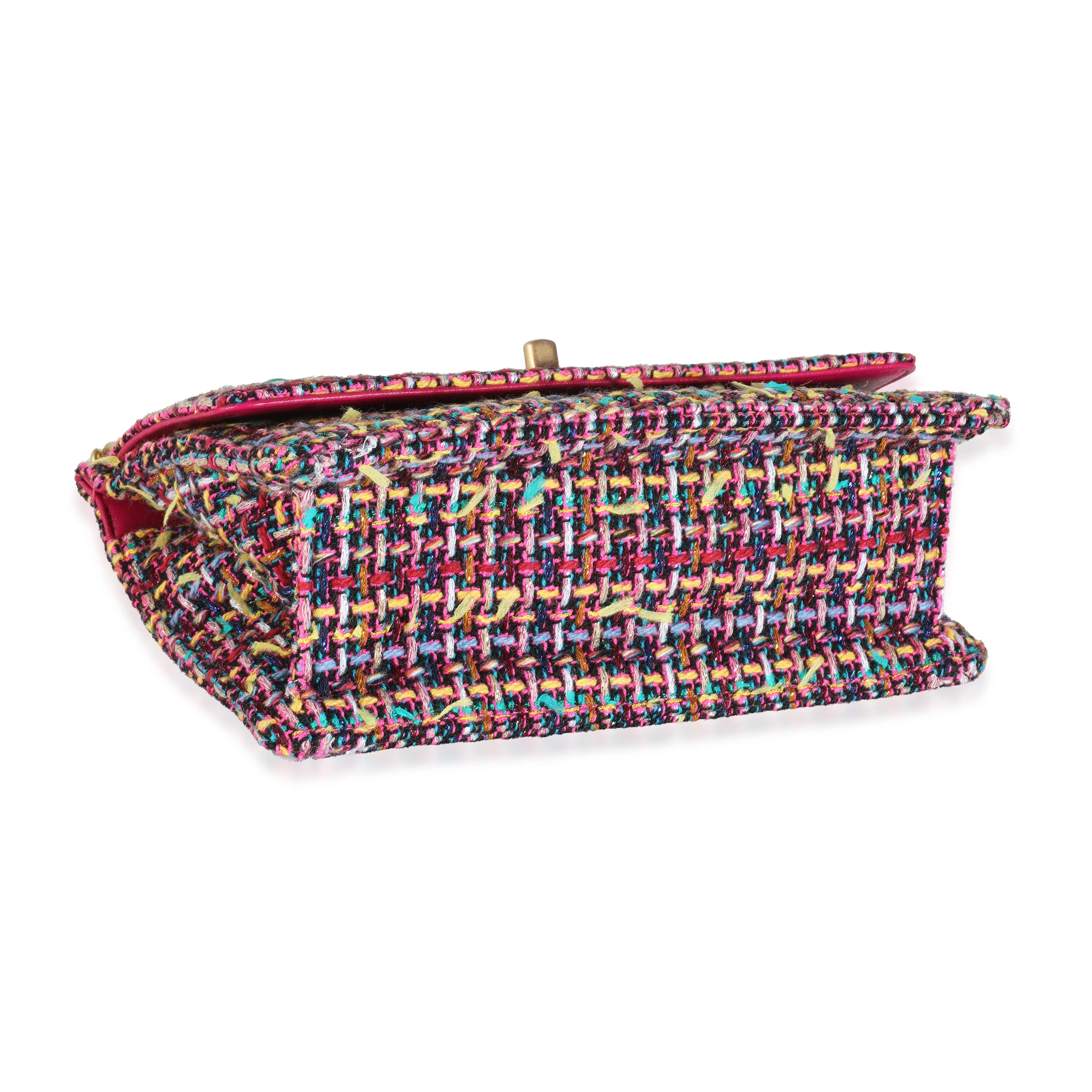 Pink Metallic Multicolor Tweed Chain Top Flap Bag - Image 6