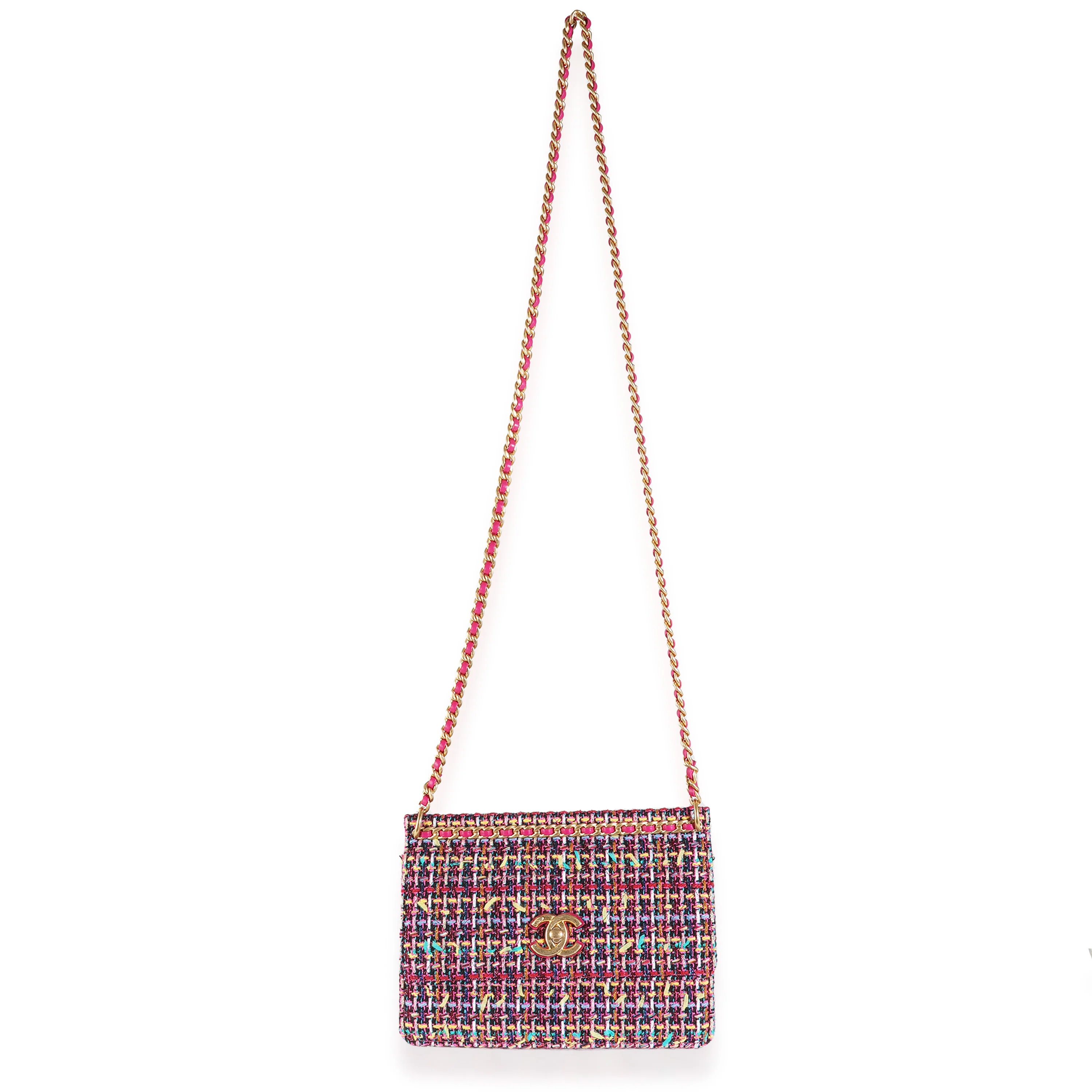 Pink Metallic Multicolor Tweed Chain Top Flap Bag - Image 8