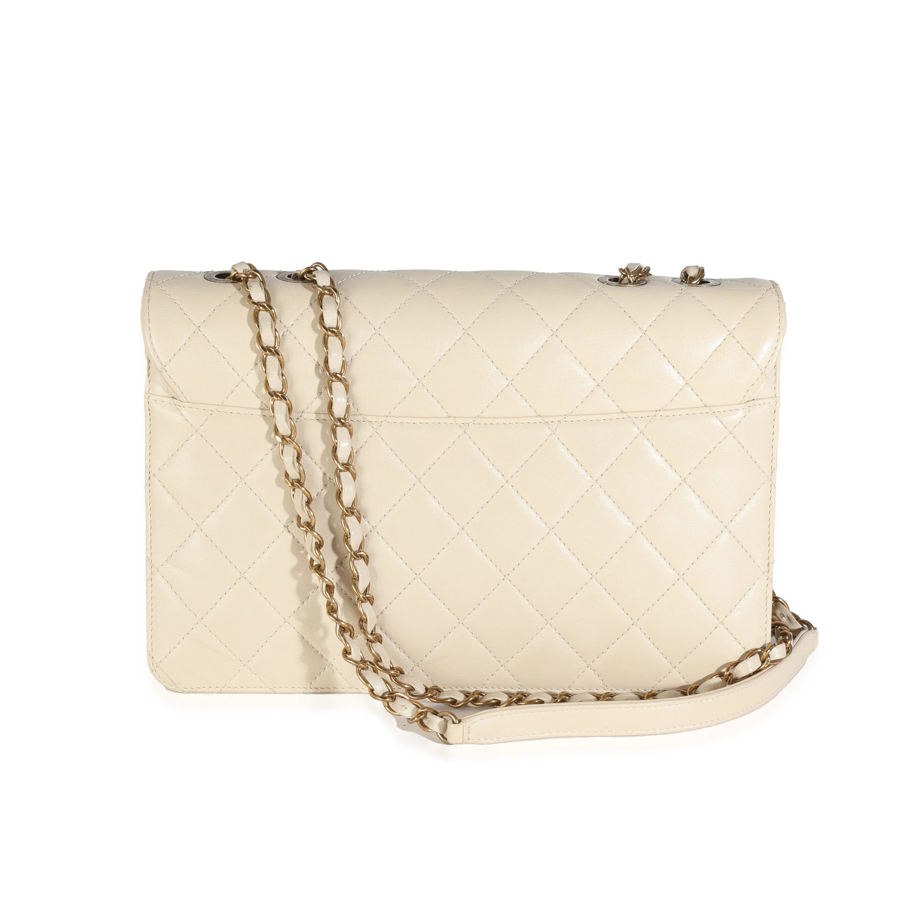 Beige Quilted Sheepskin Beauty Lock Flap Bag - Image 4