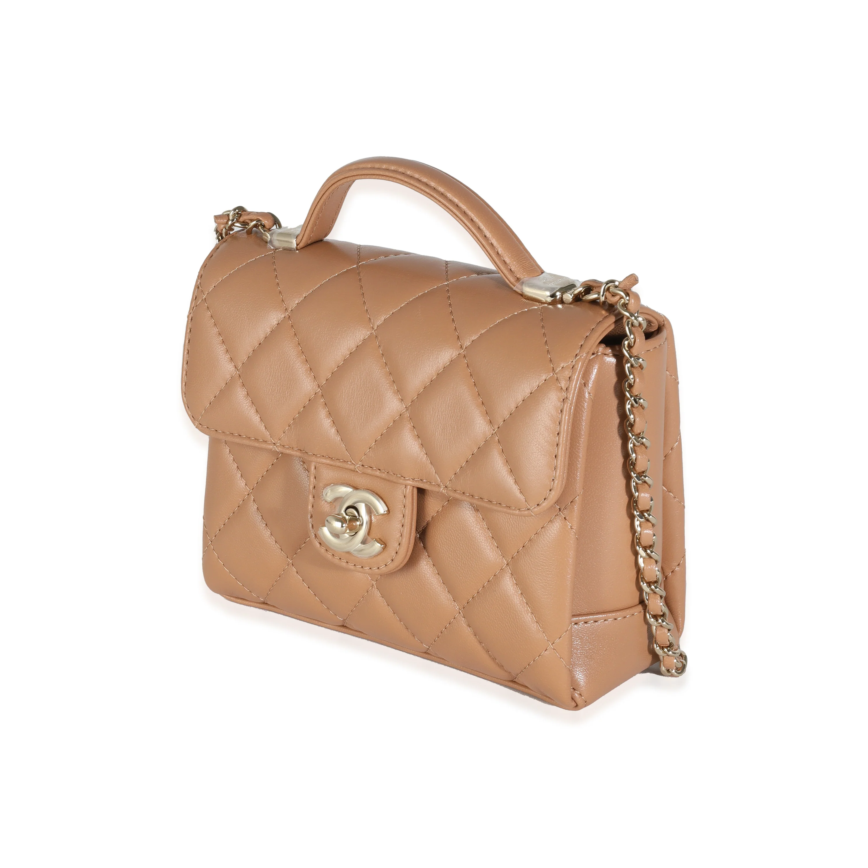 Dark Beige Quilted Lambskin Mini Flap With Top Handle - Image 2