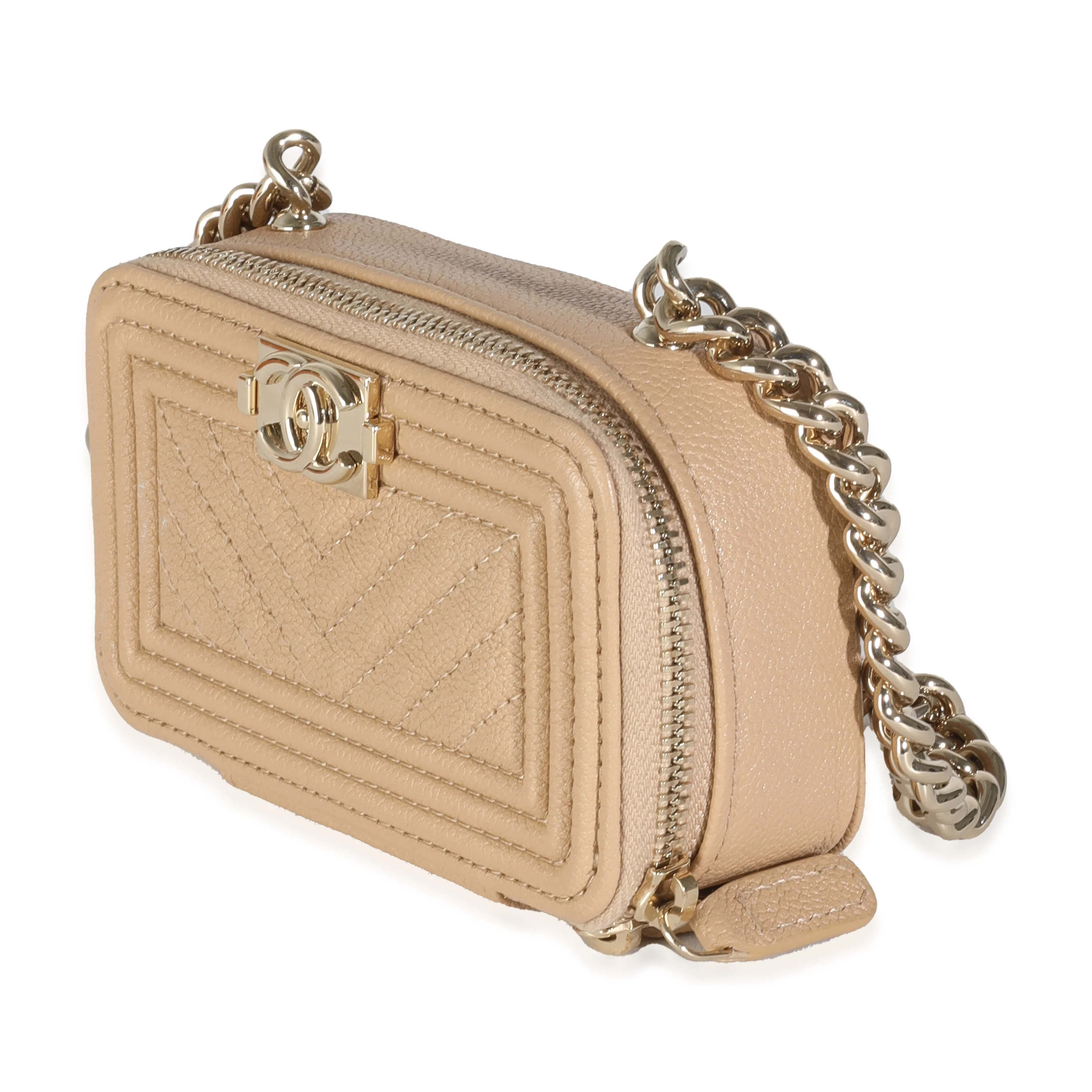 22S Beige Caviar Chevron Quilted Mini Boy Clutch Handbag With Chain - Image 2