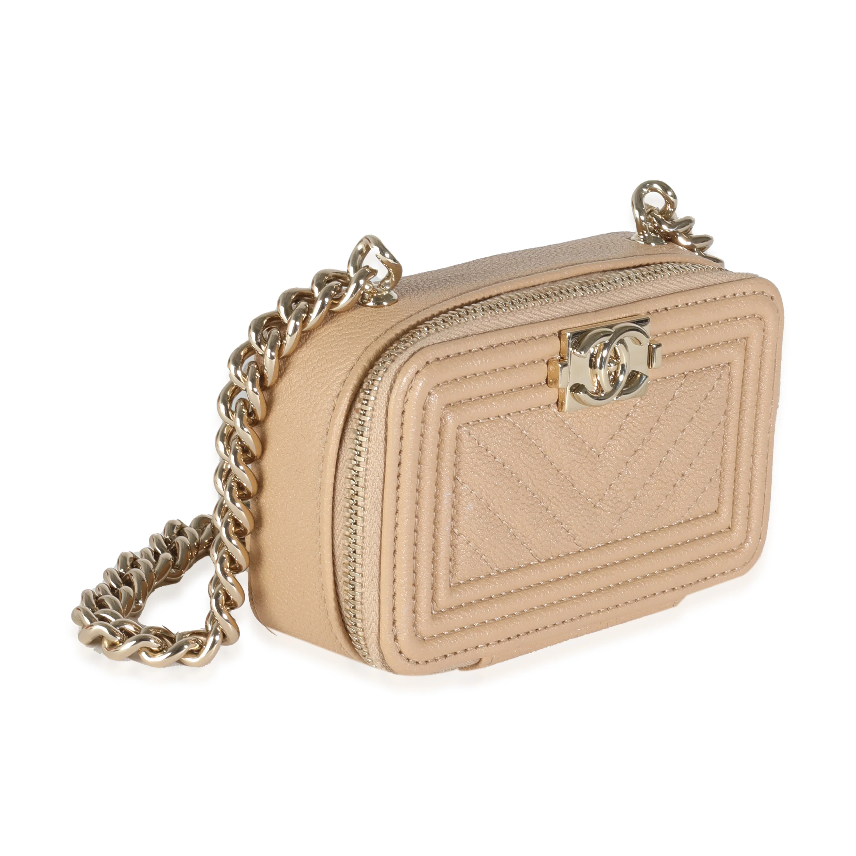 22S Beige Caviar Chevron Quilted Mini Boy Clutch Handbag With Chain - Image 3