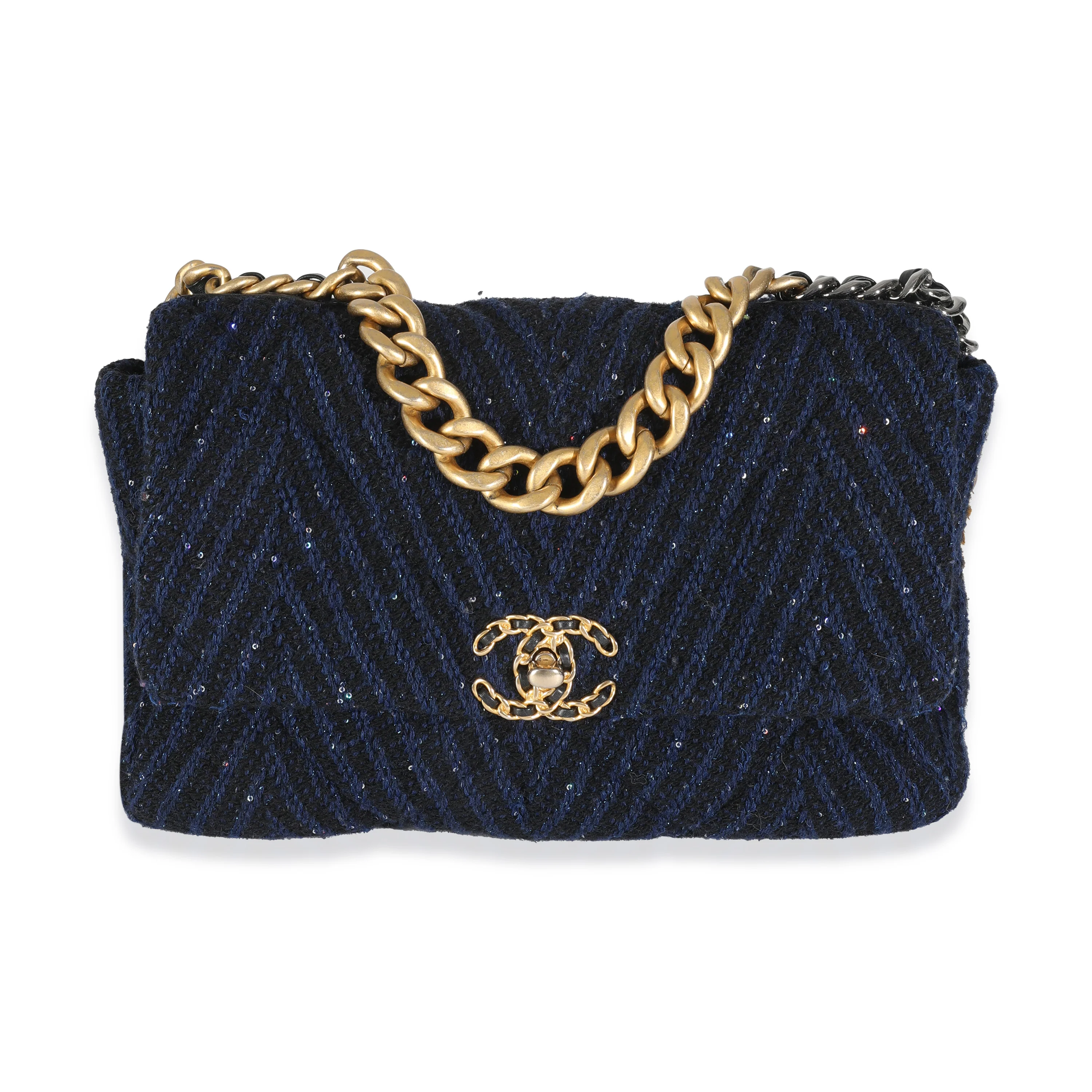 Navy Chevron Tweed Sequin Large Chanel 19 Flap Bag