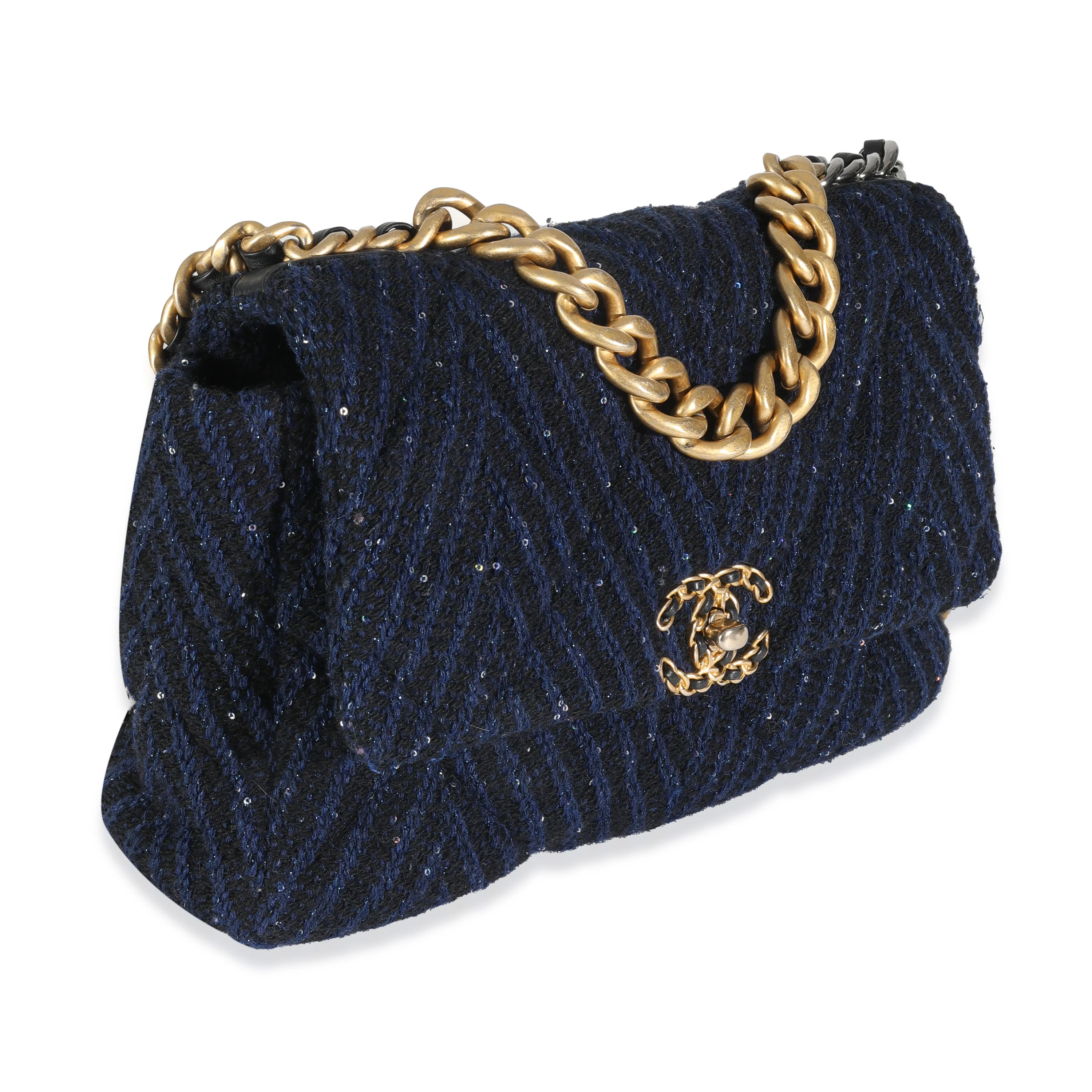 Navy Chevron Tweed Sequin Large Chanel 19 Flap Bag - Image 3