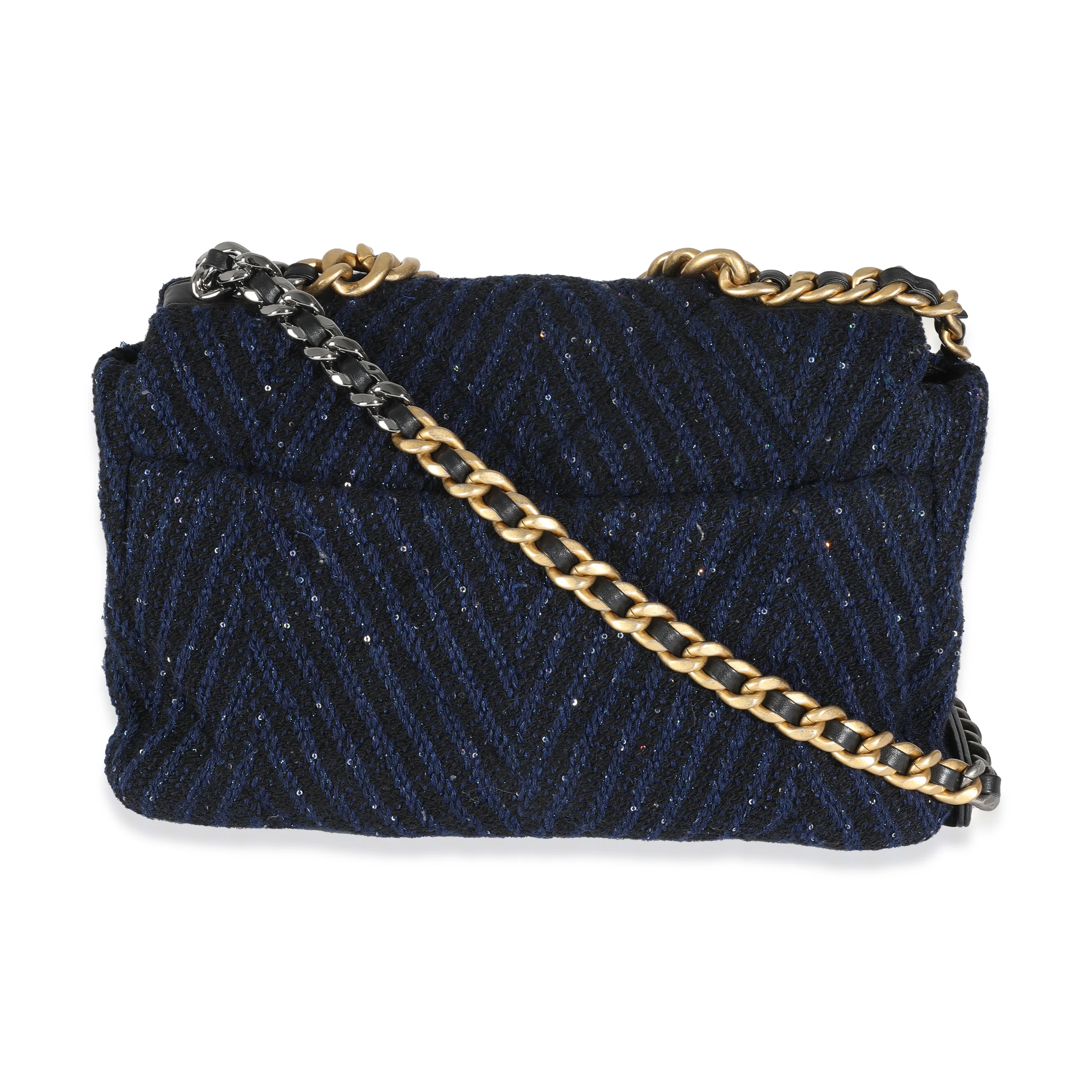 Navy Chevron Tweed Sequin Large Chanel 19 Flap Bag - Image 4