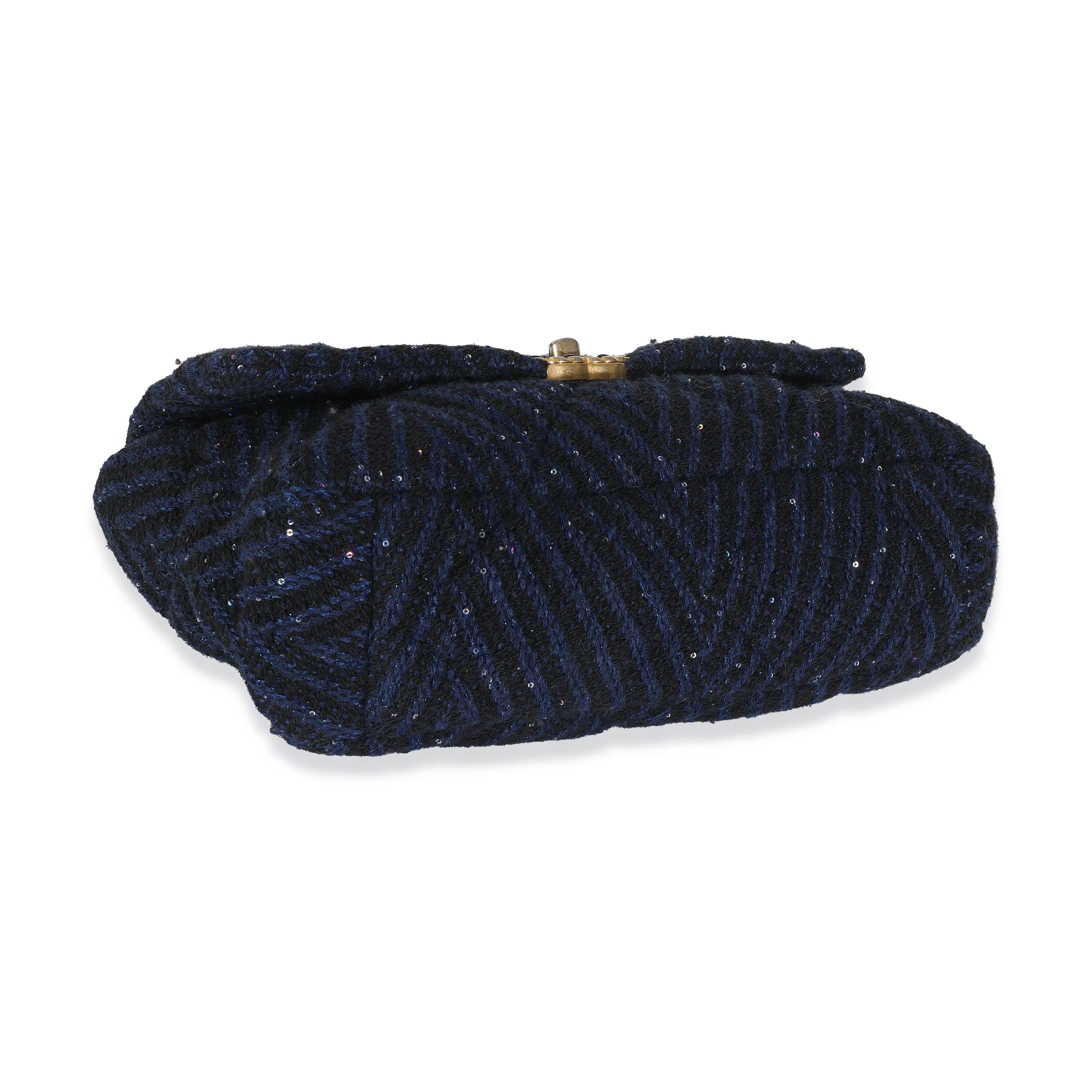 Navy Chevron Tweed Sequin Large Chanel 19 Flap Bag - Image 6