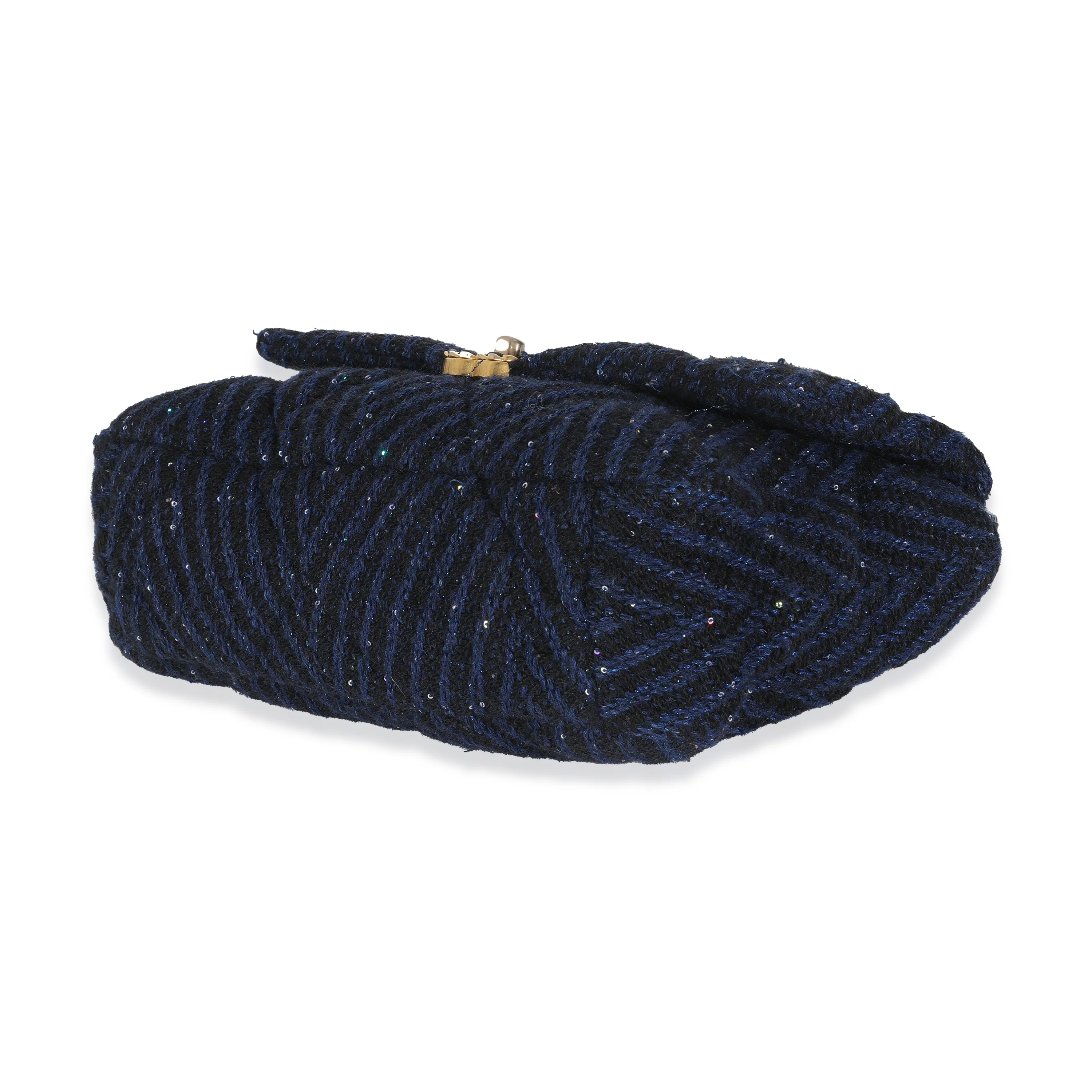 Navy Chevron Tweed Sequin Large Chanel 19 Flap Bag - Image 7