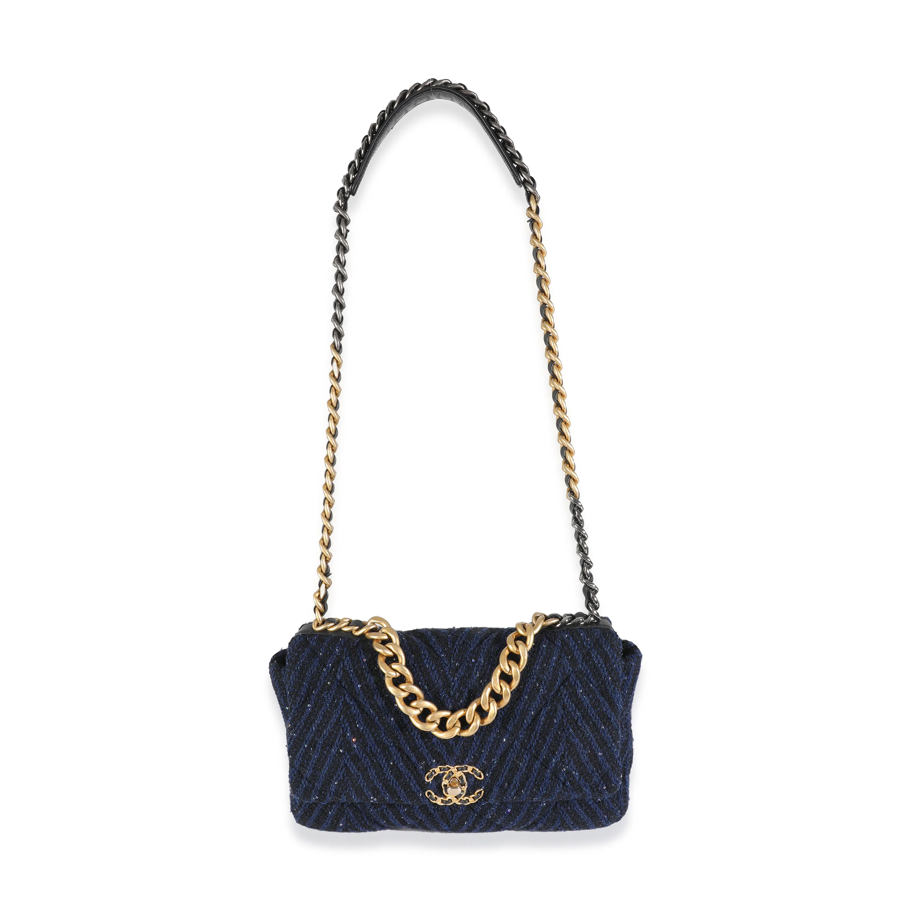 Navy Chevron Tweed Sequin Large Chanel 19 Flap Bag - Image 8