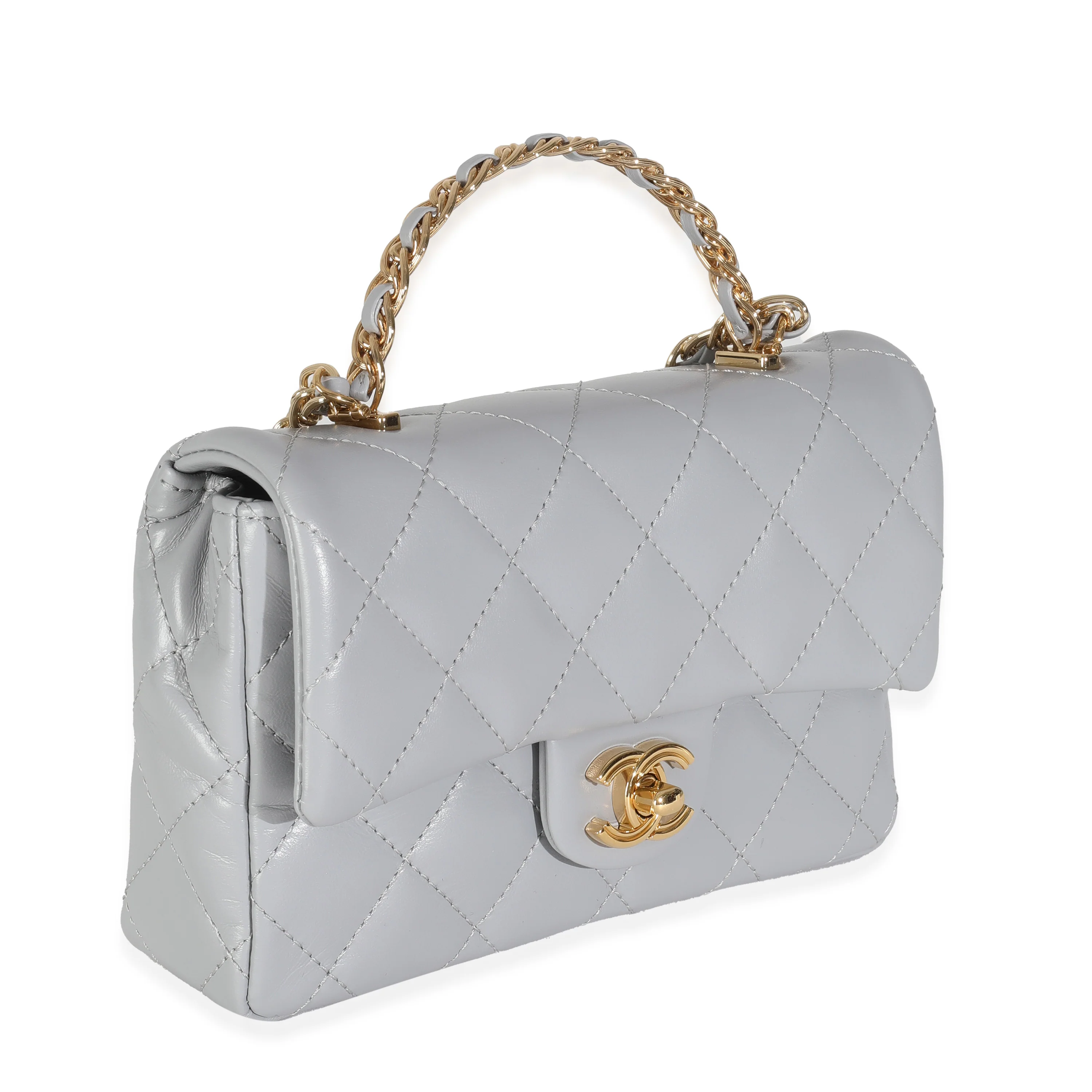 23B Grey Quilted Shiny Lambskin Mini CC Top Handle Flap Bag - Image 3