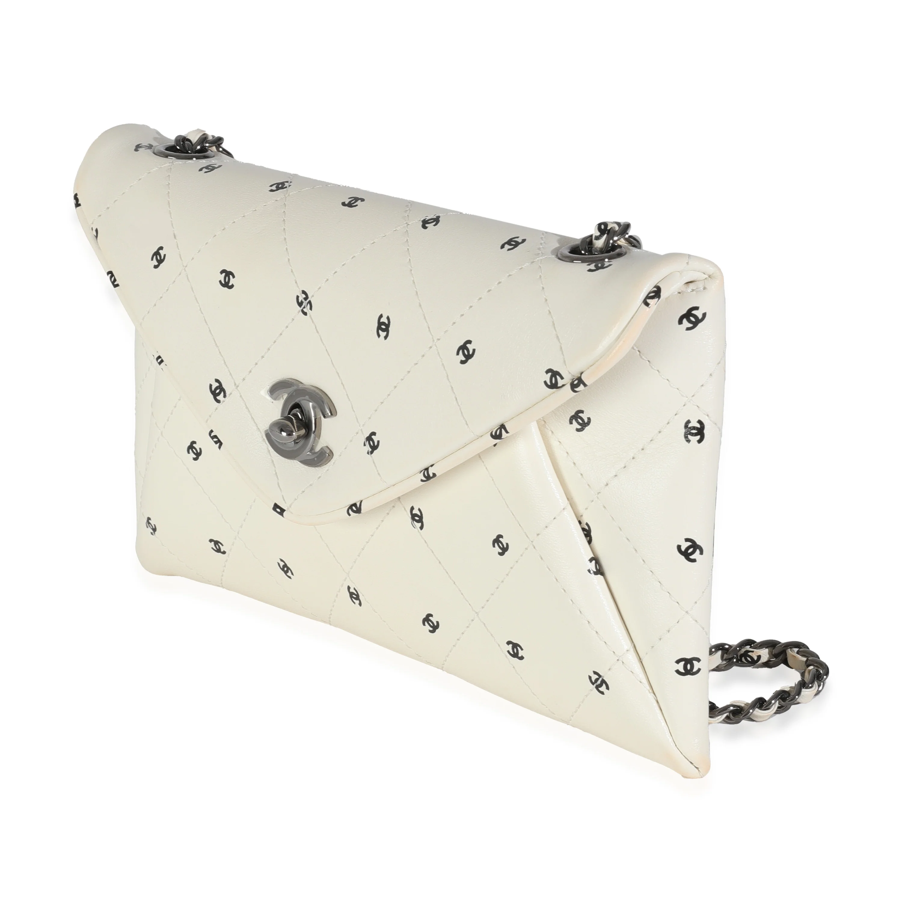White Lambskin CC Logo Envelope Clutch With Chain - Image 2