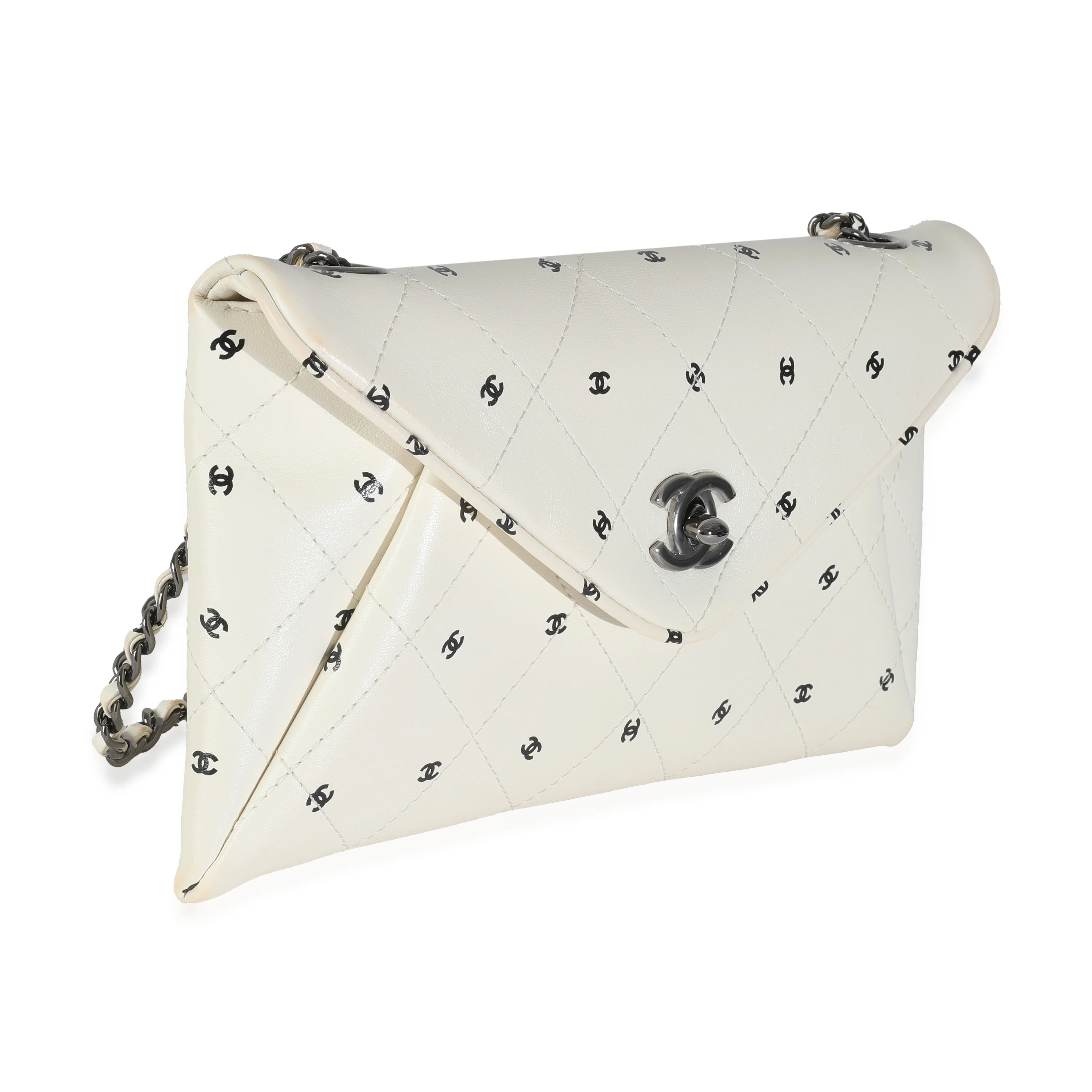 White Lambskin CC Logo Envelope Clutch With Chain - Image 3