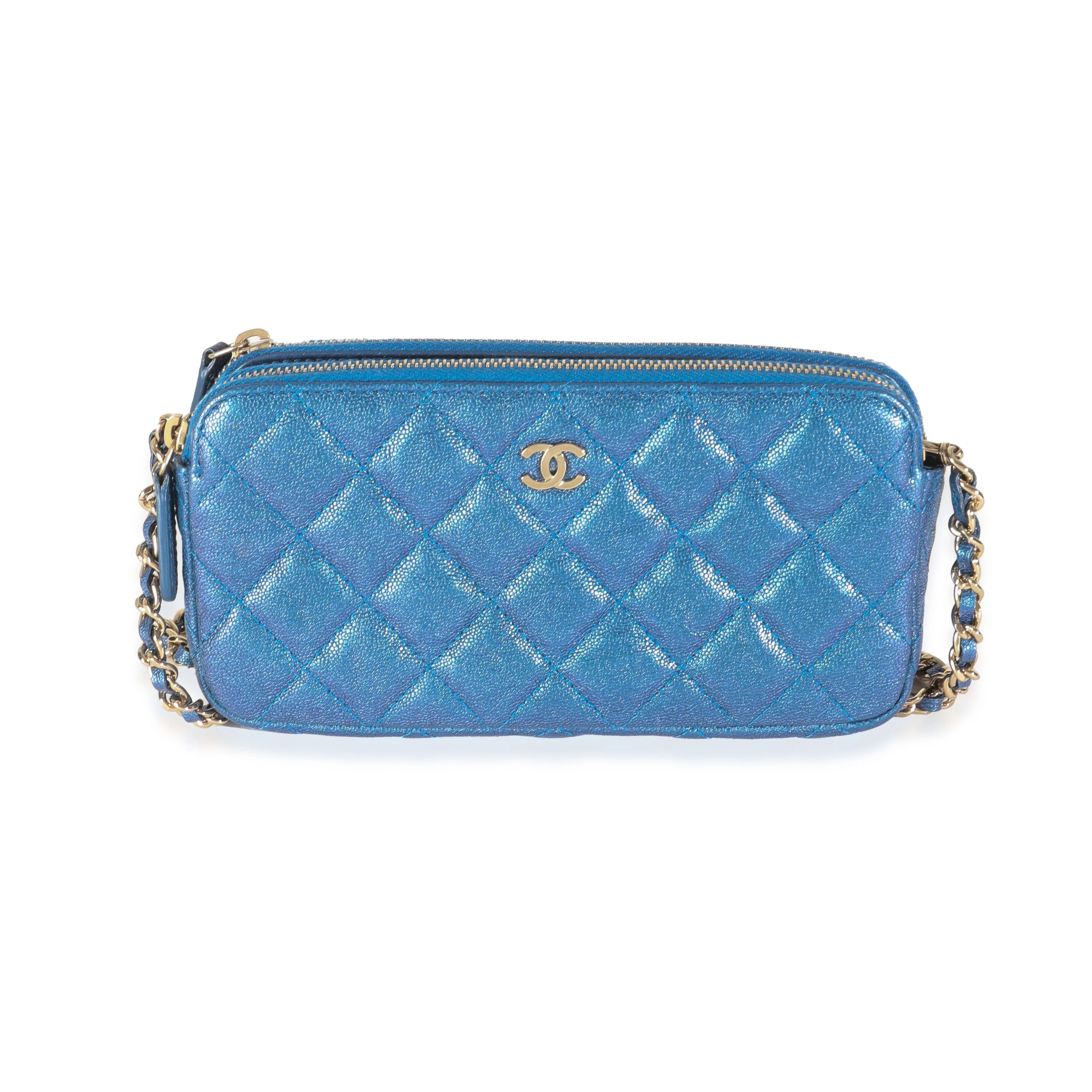 Blue Iridescent Quilted Caviar Small Clutch With Chain Handbag