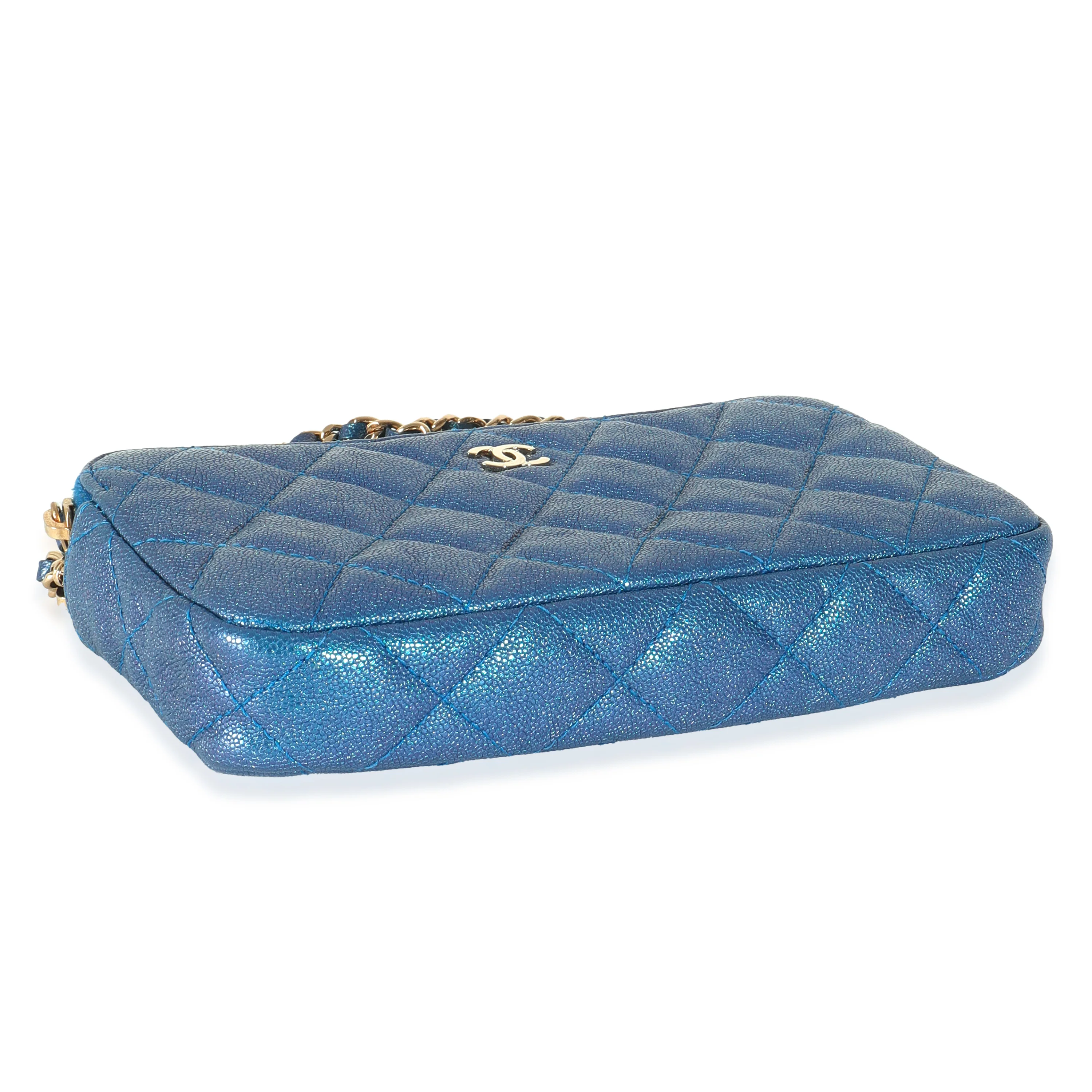 Blue Iridescent Quilted Caviar Small Clutch With Chain Handbag - Image 6