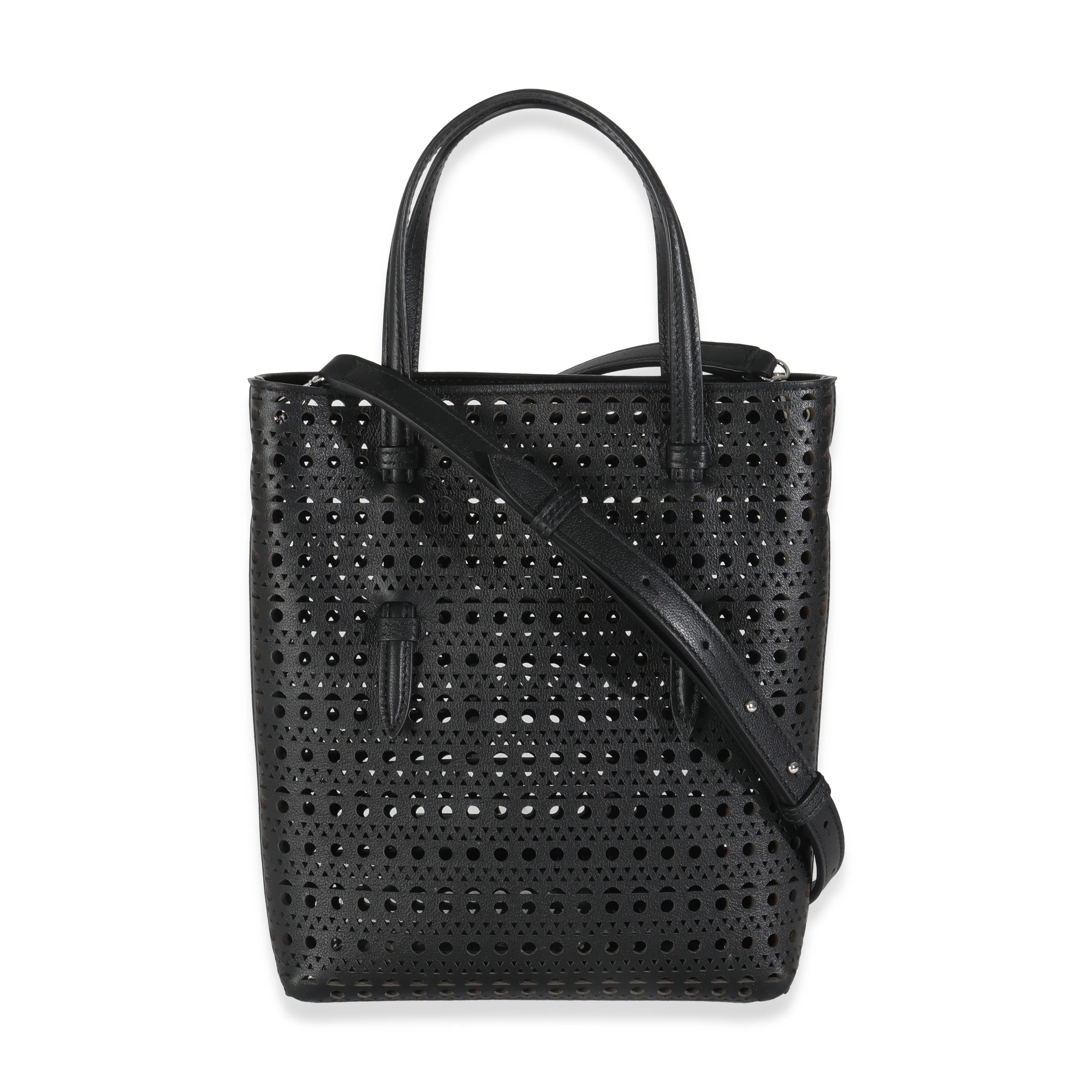 Black Vivienne Calfskin Laser Cut Mina North South Tote - Image 4