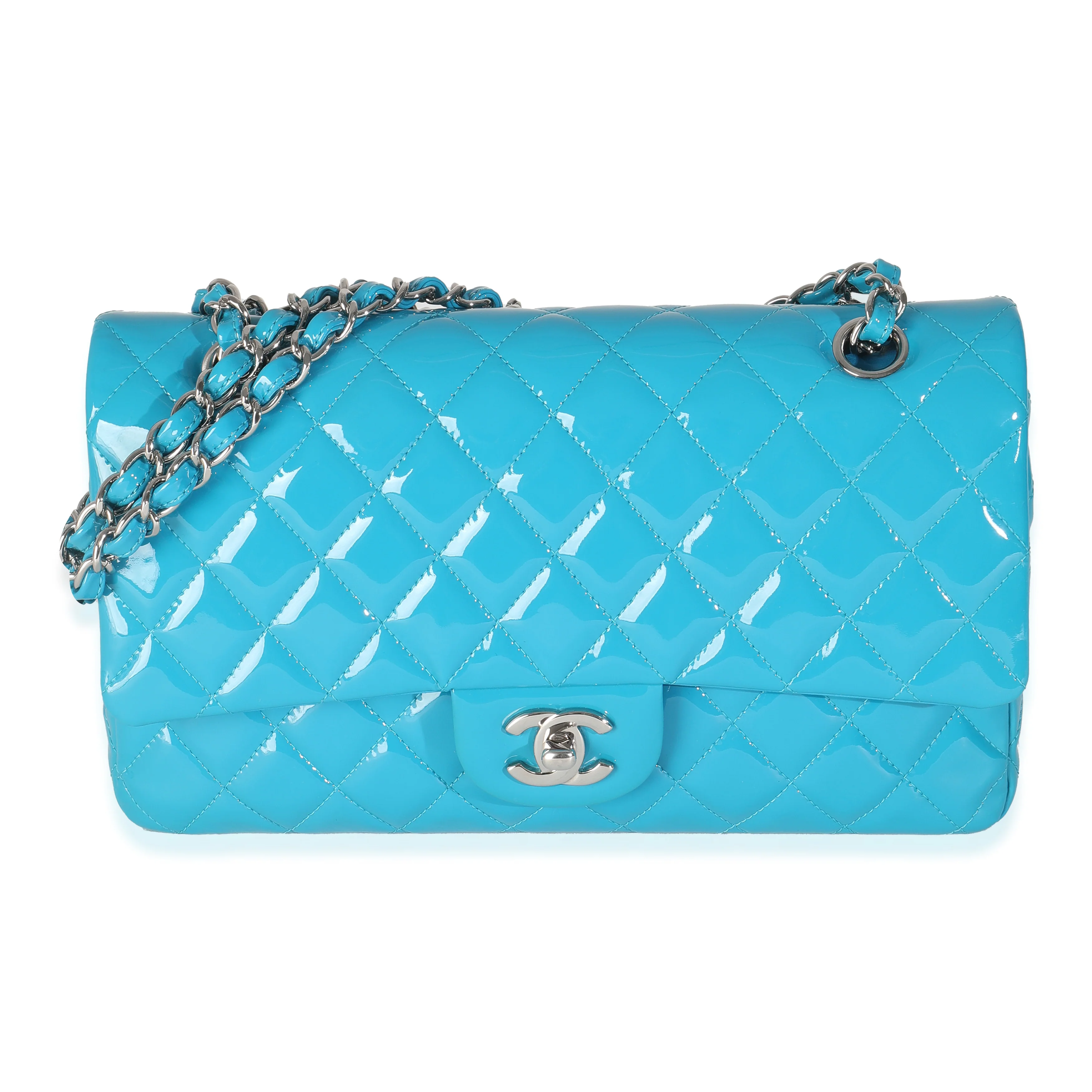 Blue Quilted Patent Medium Classic Double Flap Bag