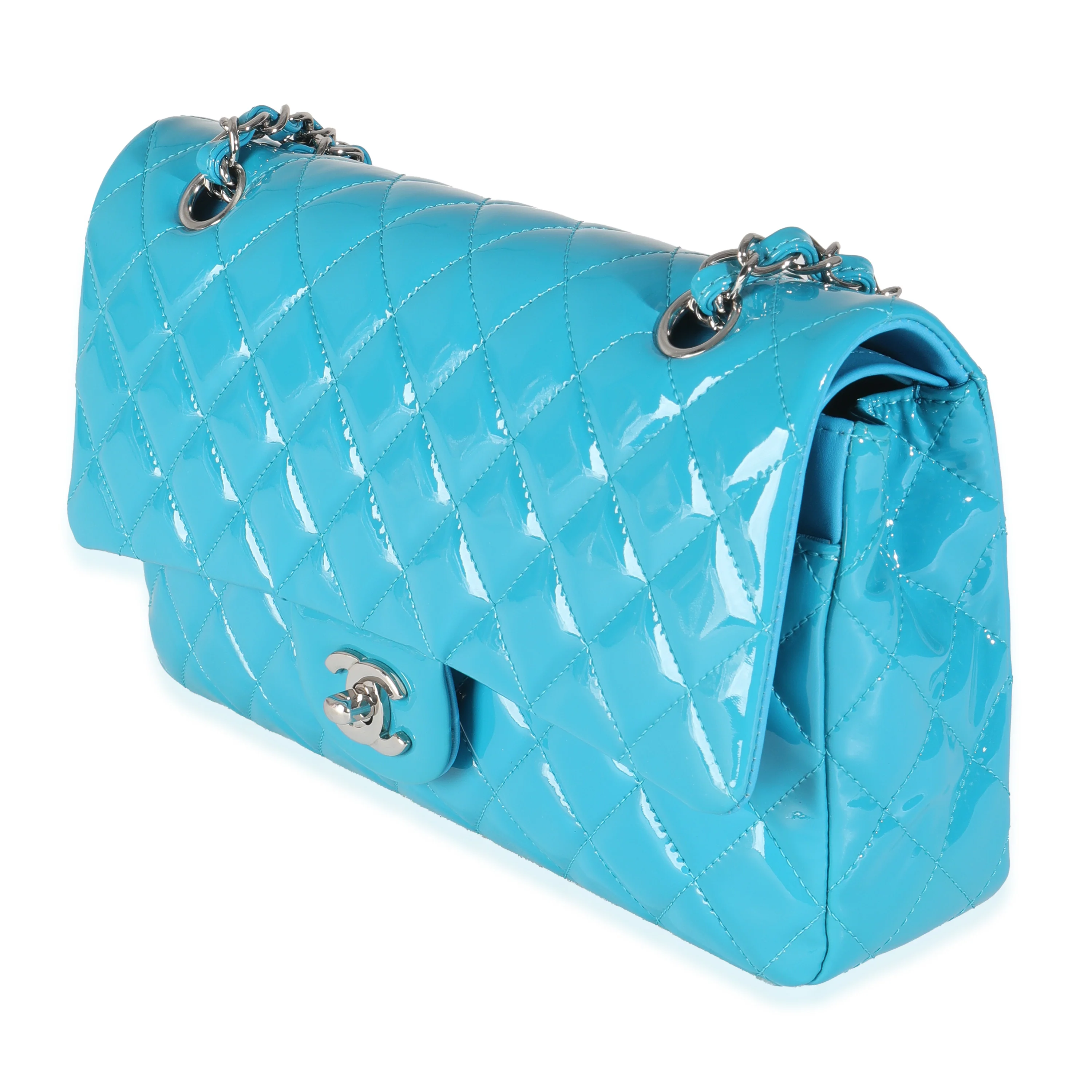 Blue Quilted Patent Medium Classic Double Flap Bag - Image 2