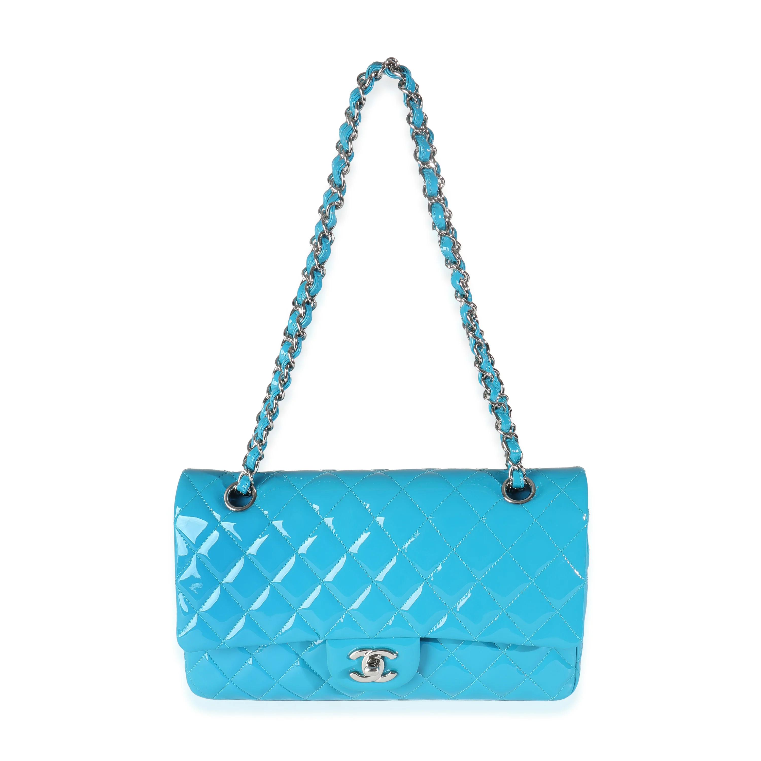 Blue Quilted Patent Medium Classic Double Flap Bag - Image 8