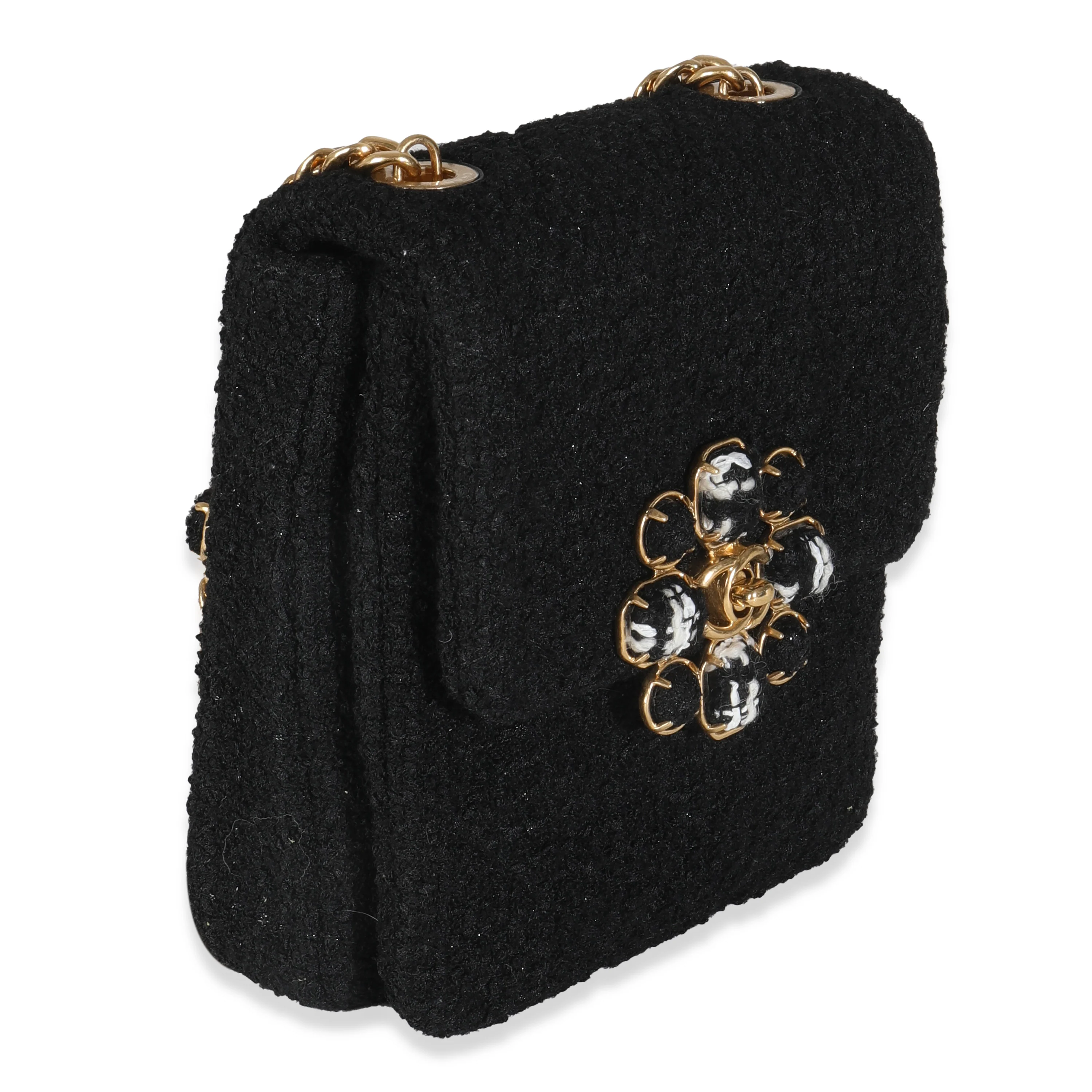 Black Wool Tweed Camellia Flower Mini Flap Bag - Image 3