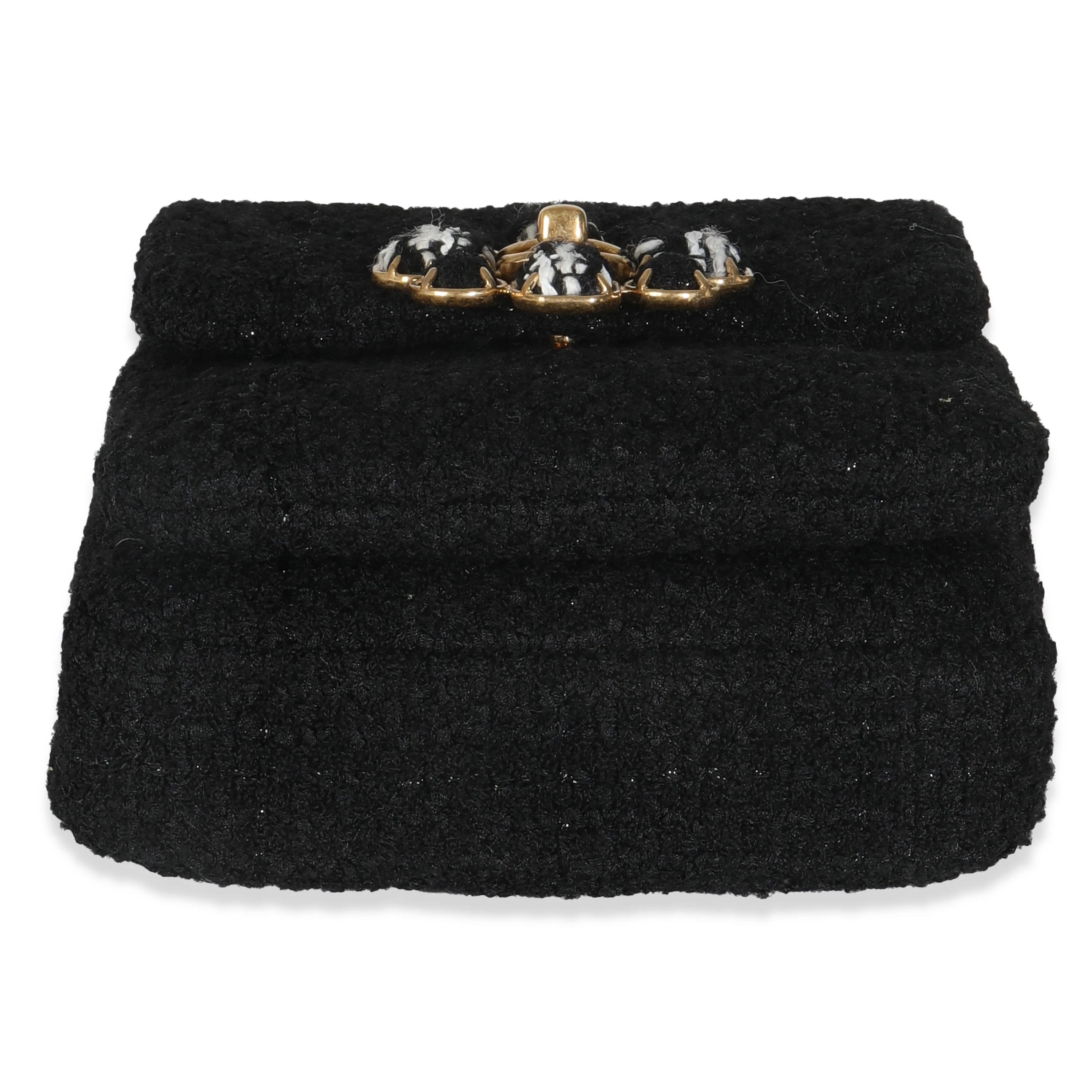 Black Wool Tweed Camellia Flower Mini Flap Bag - Image 4