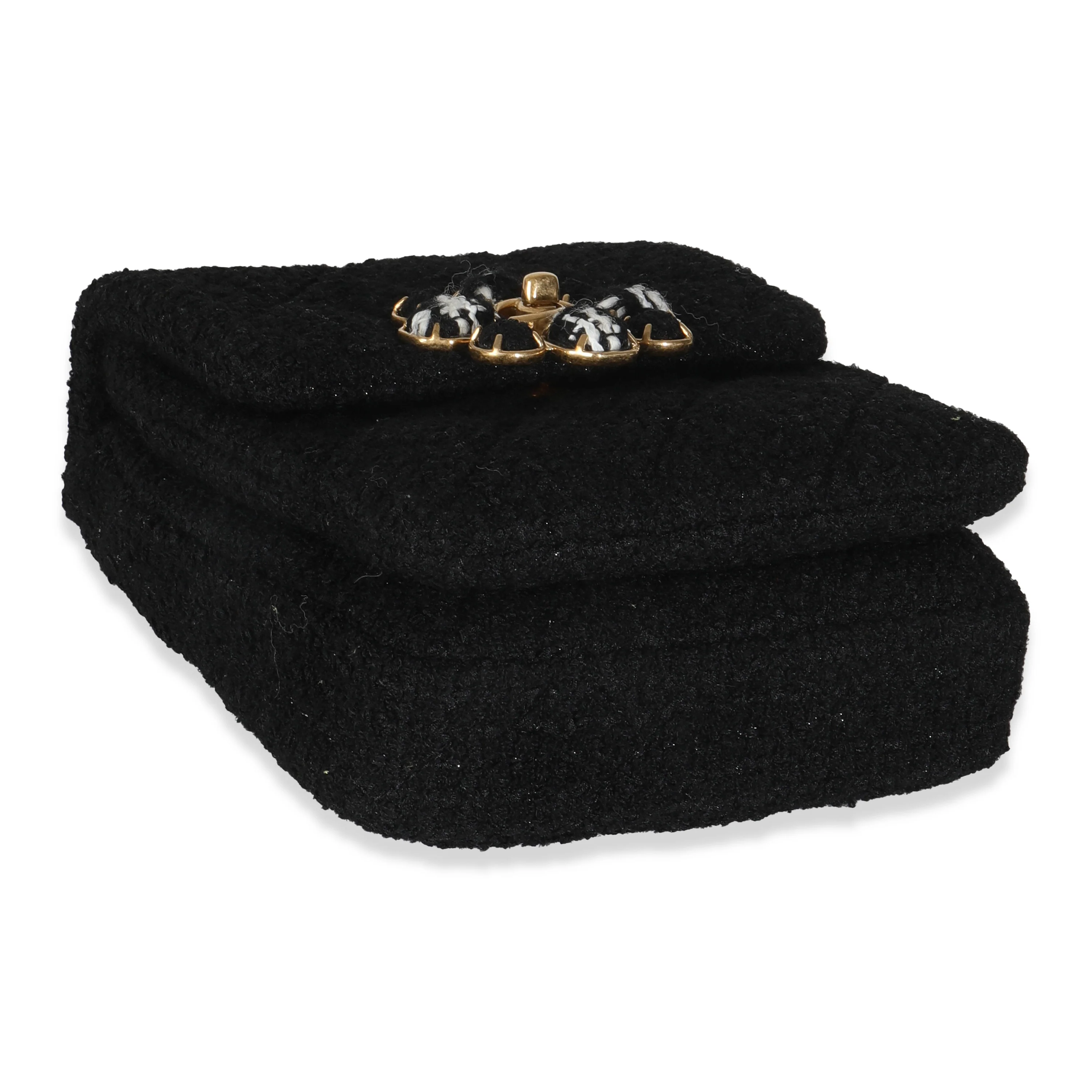 Black Wool Tweed Camellia Flower Mini Flap Bag - Image 5