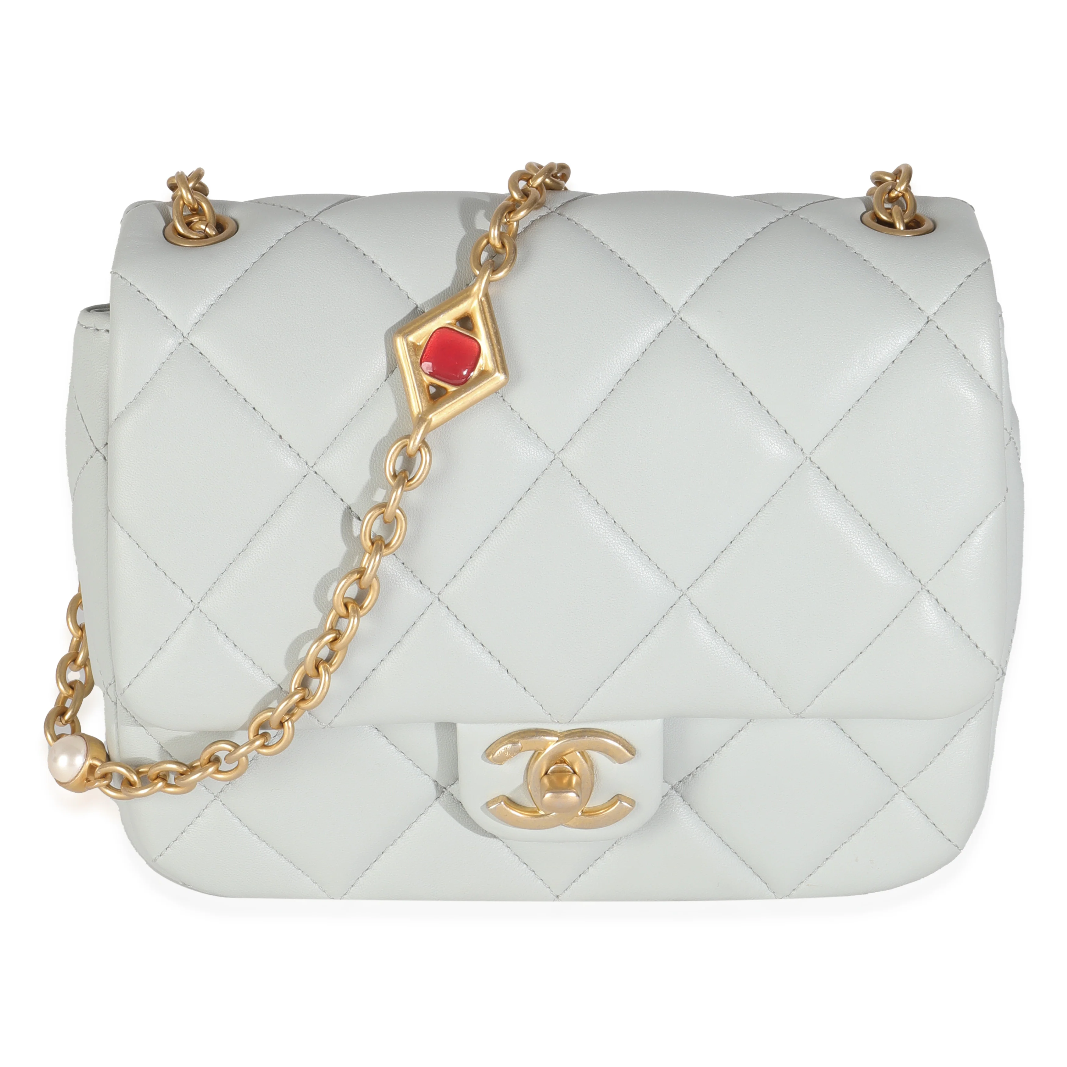 Light Blue Quilted Lambskin Jeweled Charm Me Square Flap Bag