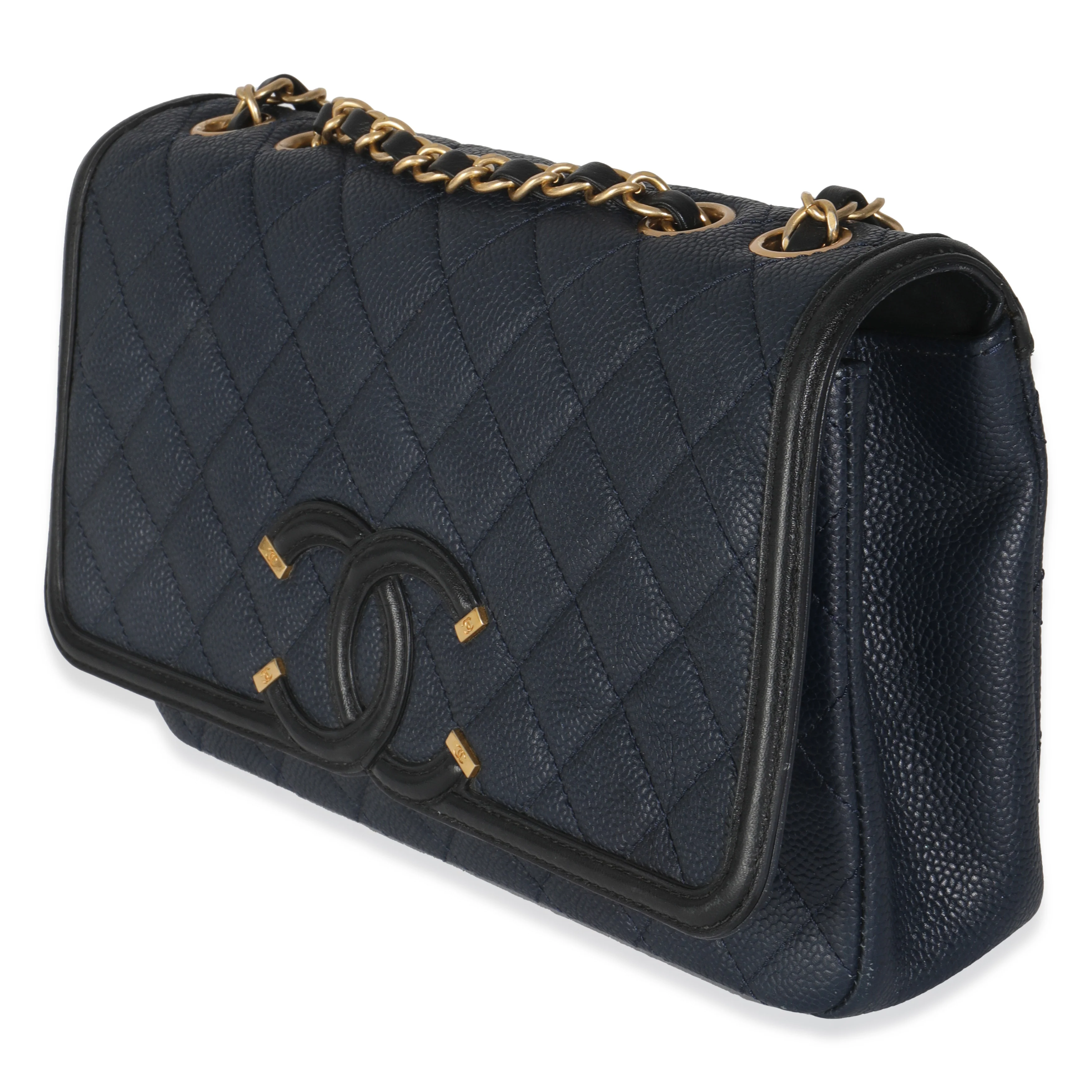 Navy Black Quilted Caviar Medium CC Filigree Flap Handbag - Image 2