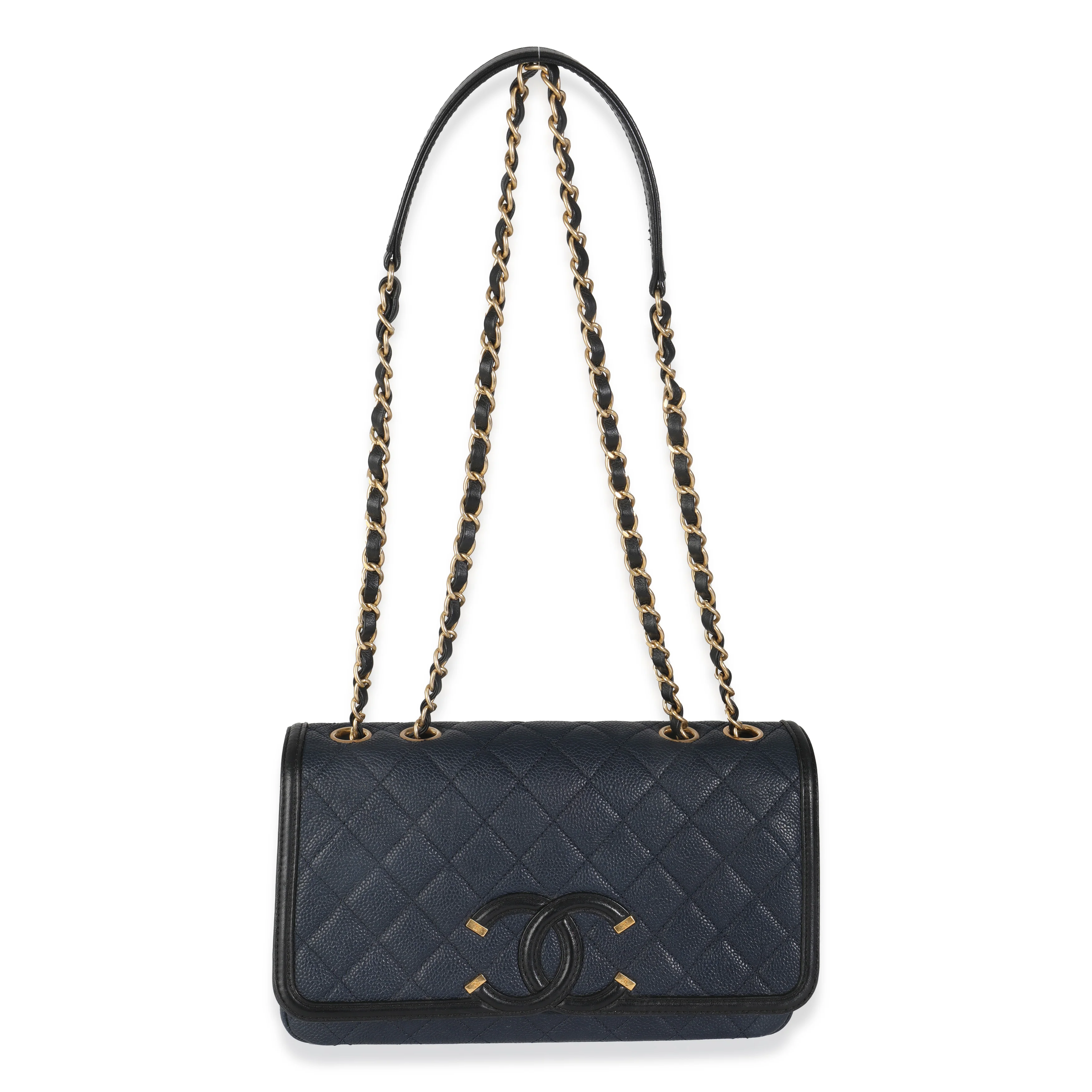 Navy Black Quilted Caviar Medium CC Filigree Flap Handbag - Image 8
