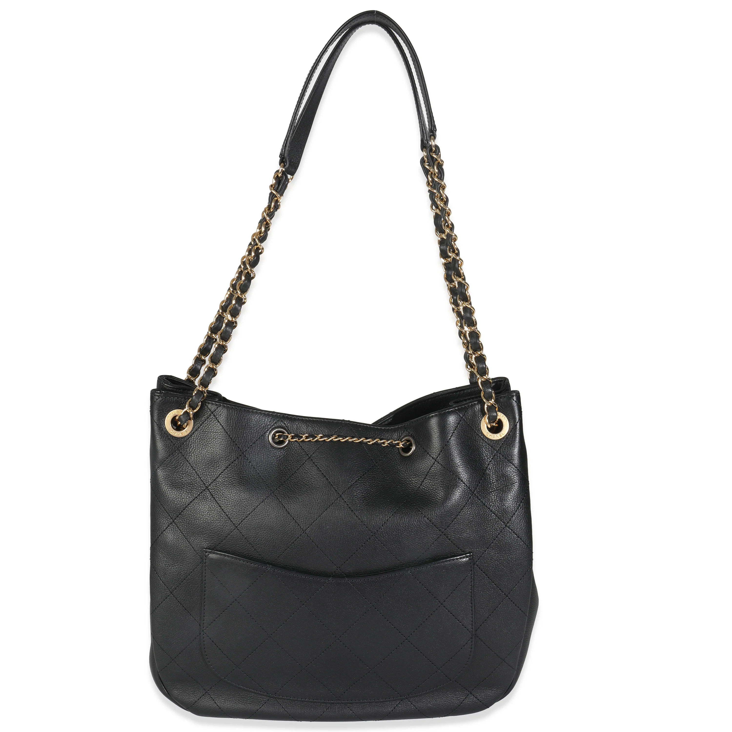 19B Black Quilted Lambskin CC Drawstring Hobo - Image 3