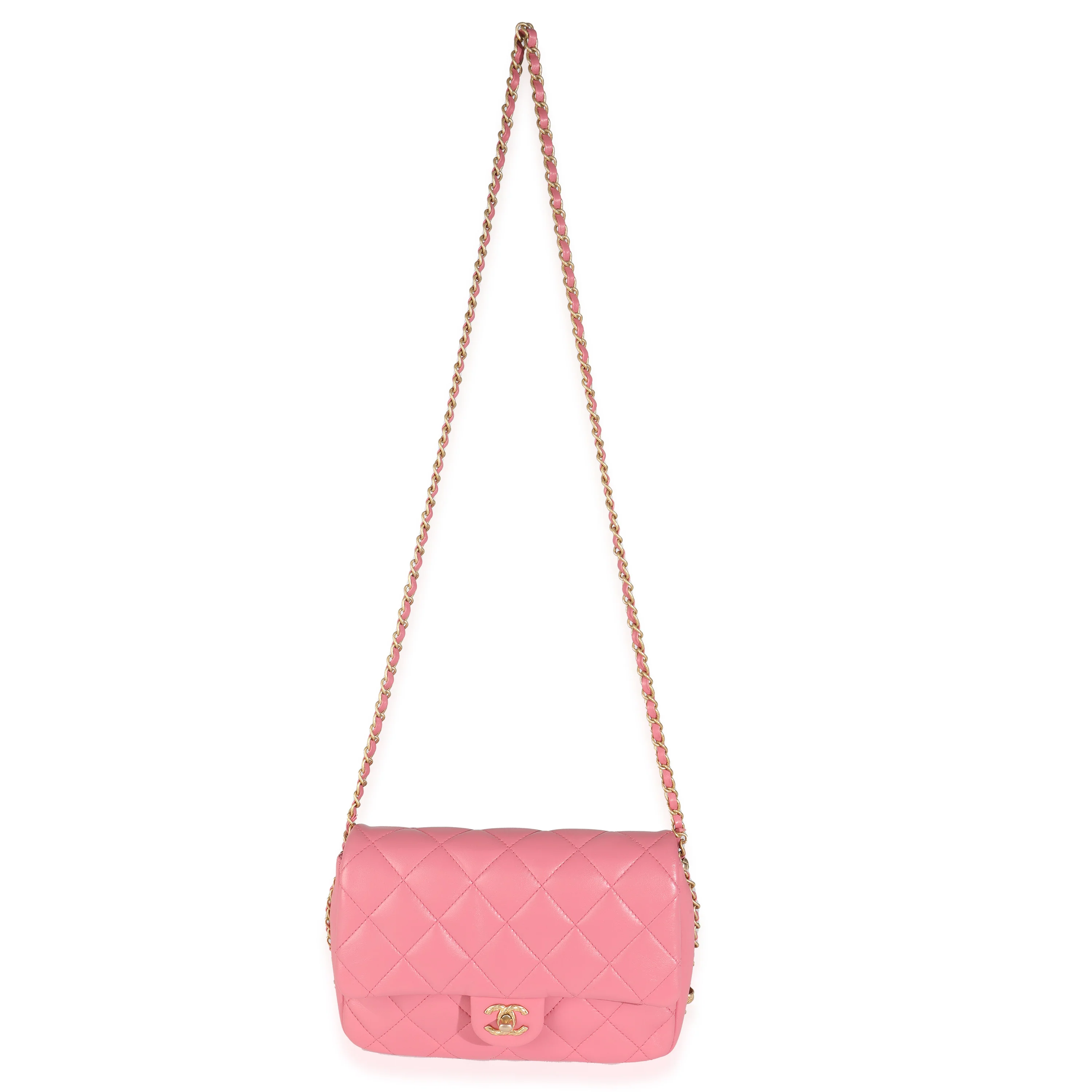 Pink Quilted Calfskin Chain Around Mini Square Flap Bag - Image 8