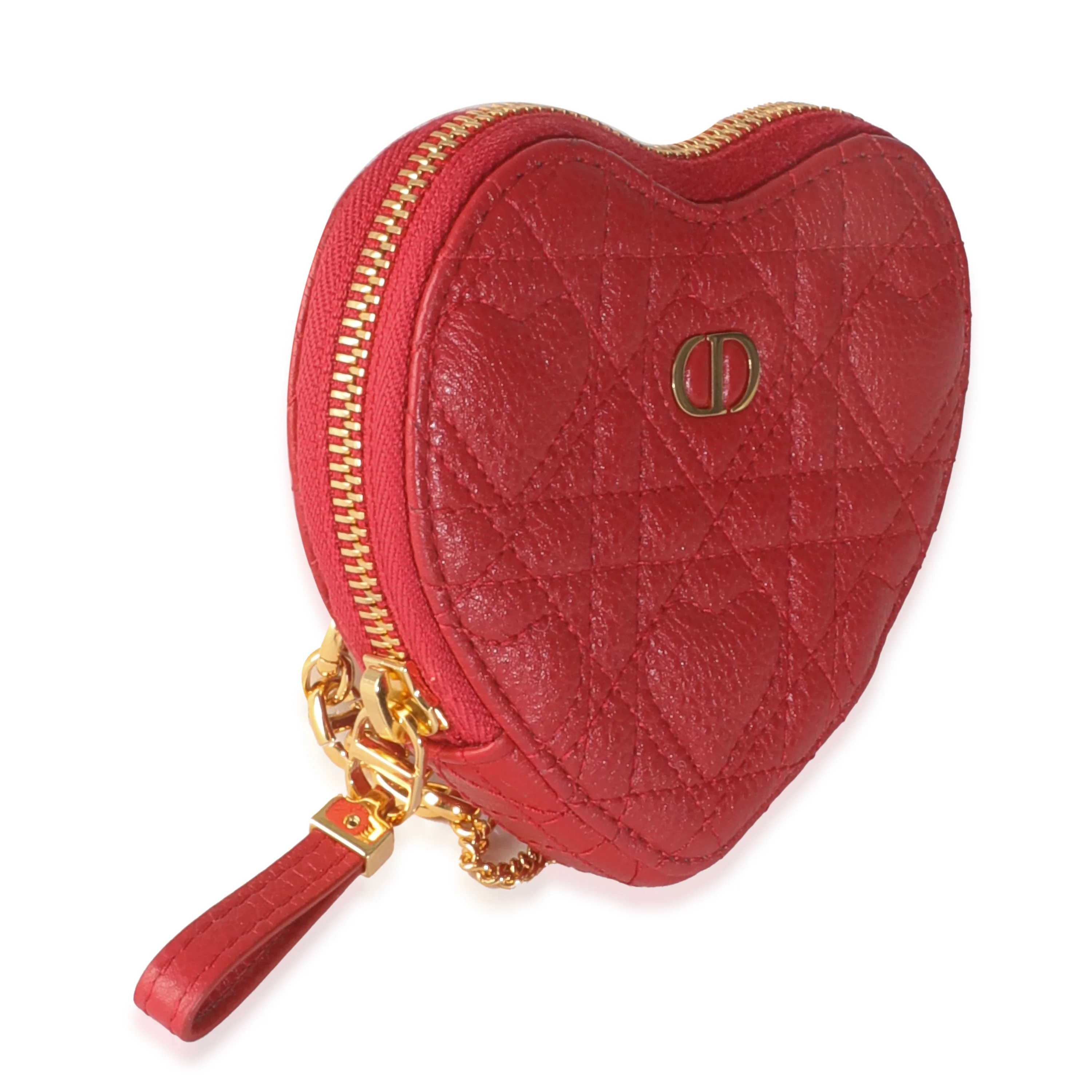 Red Quilted Calfskin Dioramour Caro Heart Pouch With Chain - Image 3