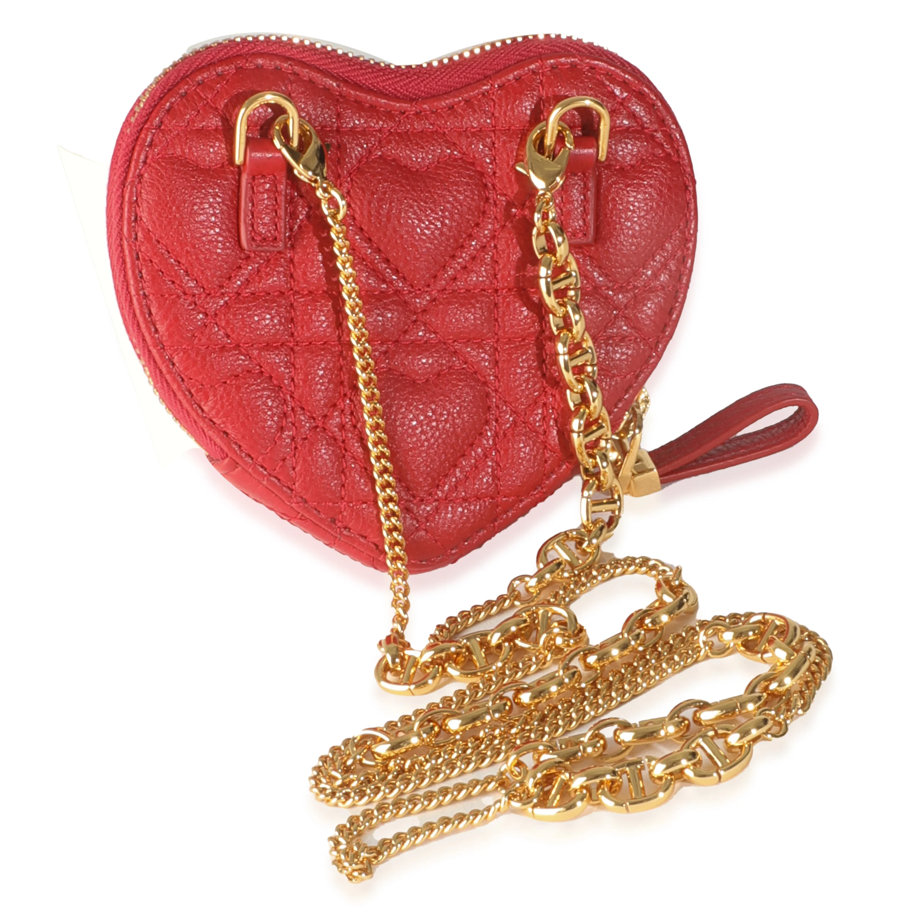 Red Quilted Calfskin Dioramour Caro Heart Pouch With Chain - Image 4