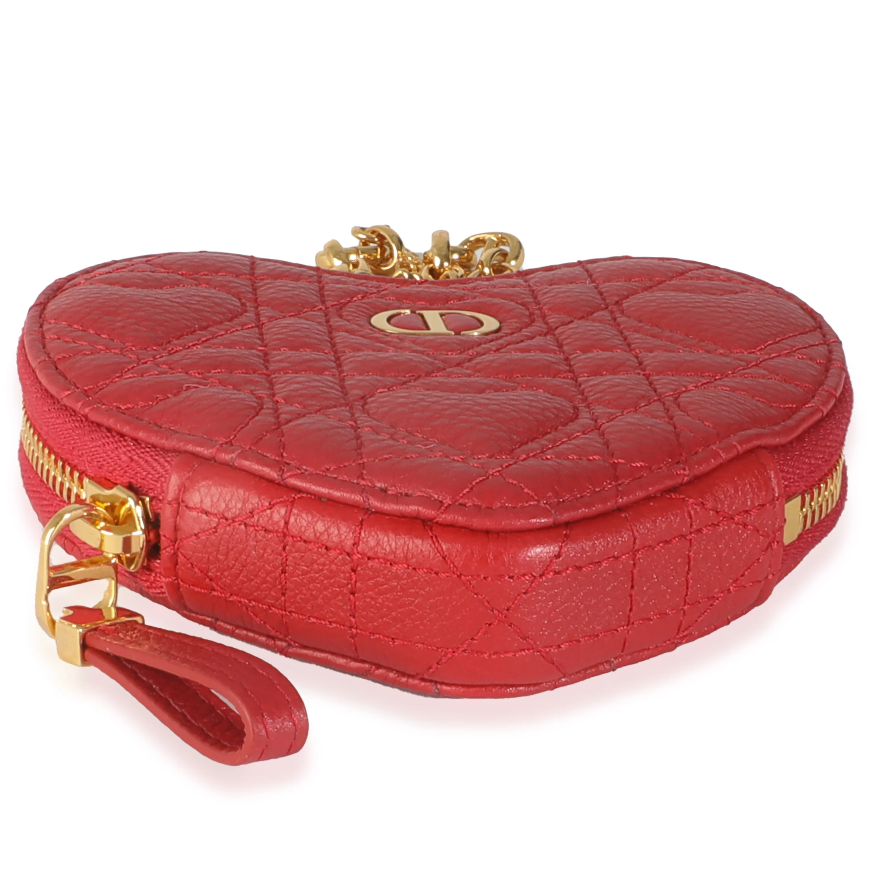 Red Quilted Calfskin Dioramour Caro Heart Pouch With Chain - Image 5