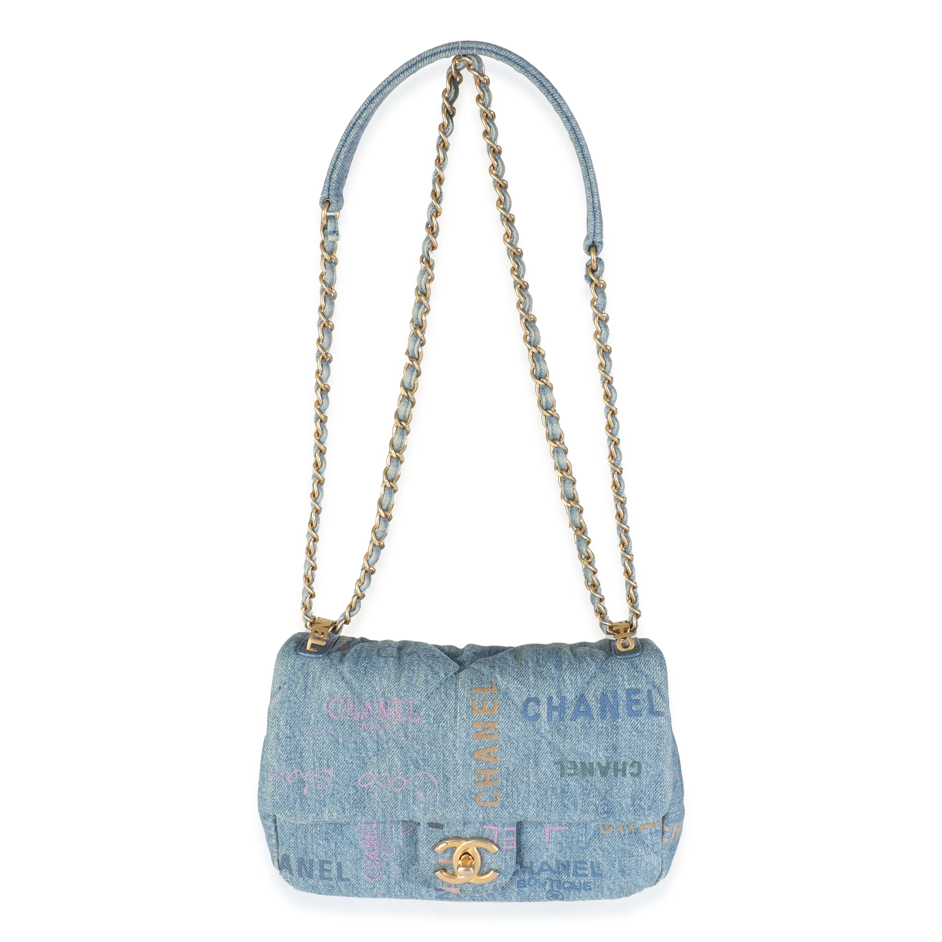 Blue Quilted Denim Printed Small Mood Flap Bag - Image 8