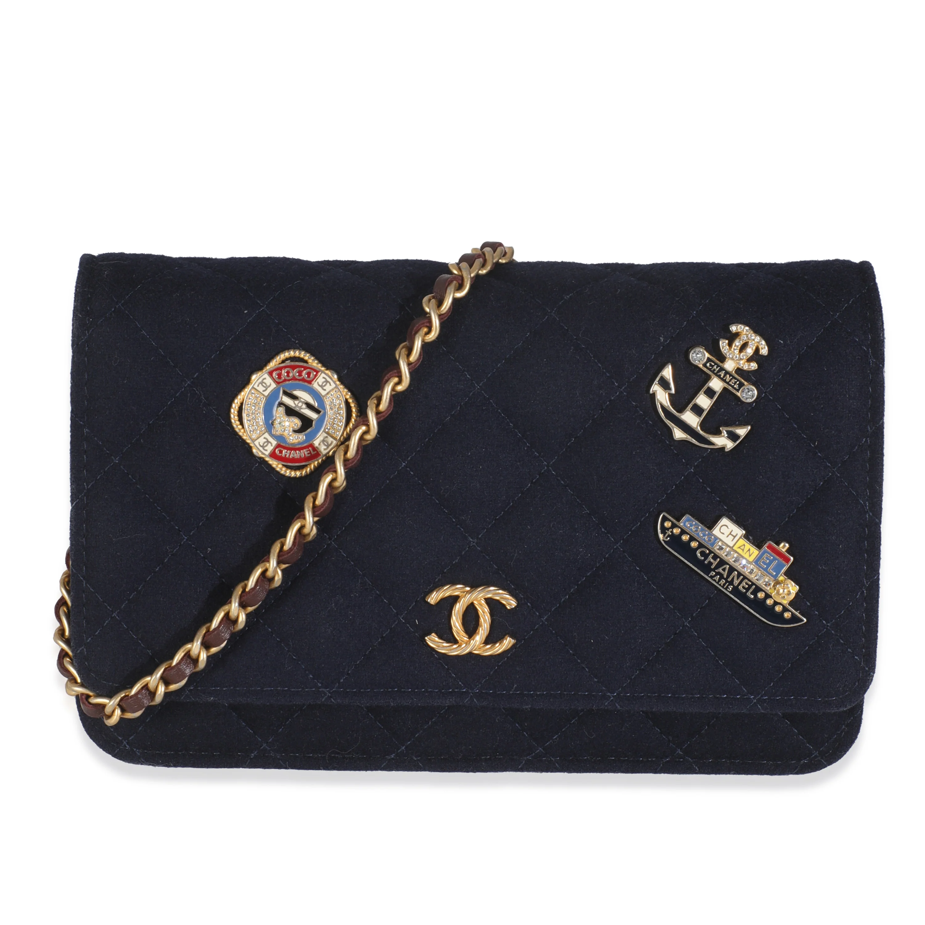 Navy Quilted Felt Paris-Hamburg Charms Wallet On Chain